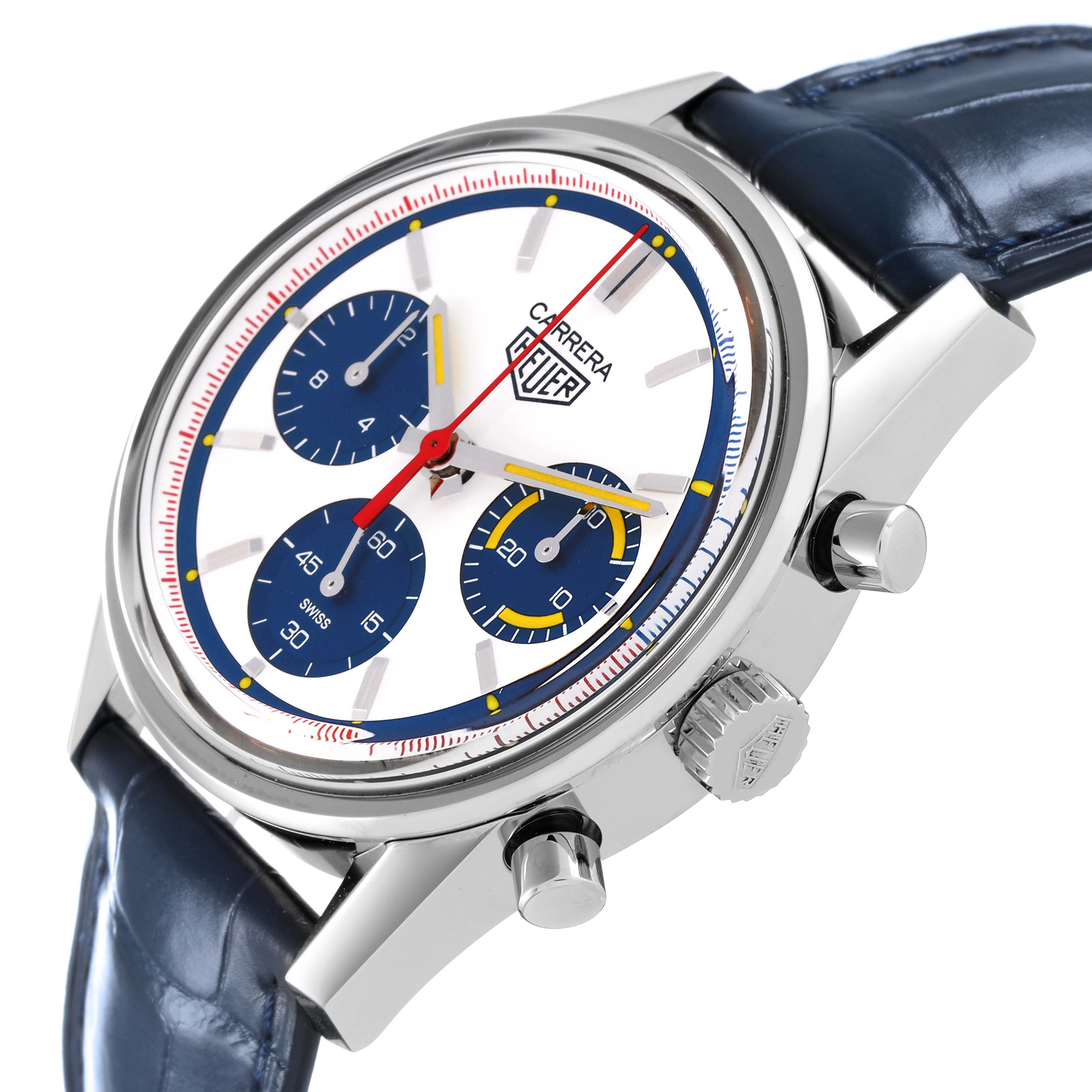 The Tag Heuer Carrera CBK221C.FC6488 Men's Stainless Steel White Dial CBK221C.FC6488 Men's Stainless Steel White Dial model watch is shown from a tilted side angle, highlighting its dial, subdials, crown, and blue strap.