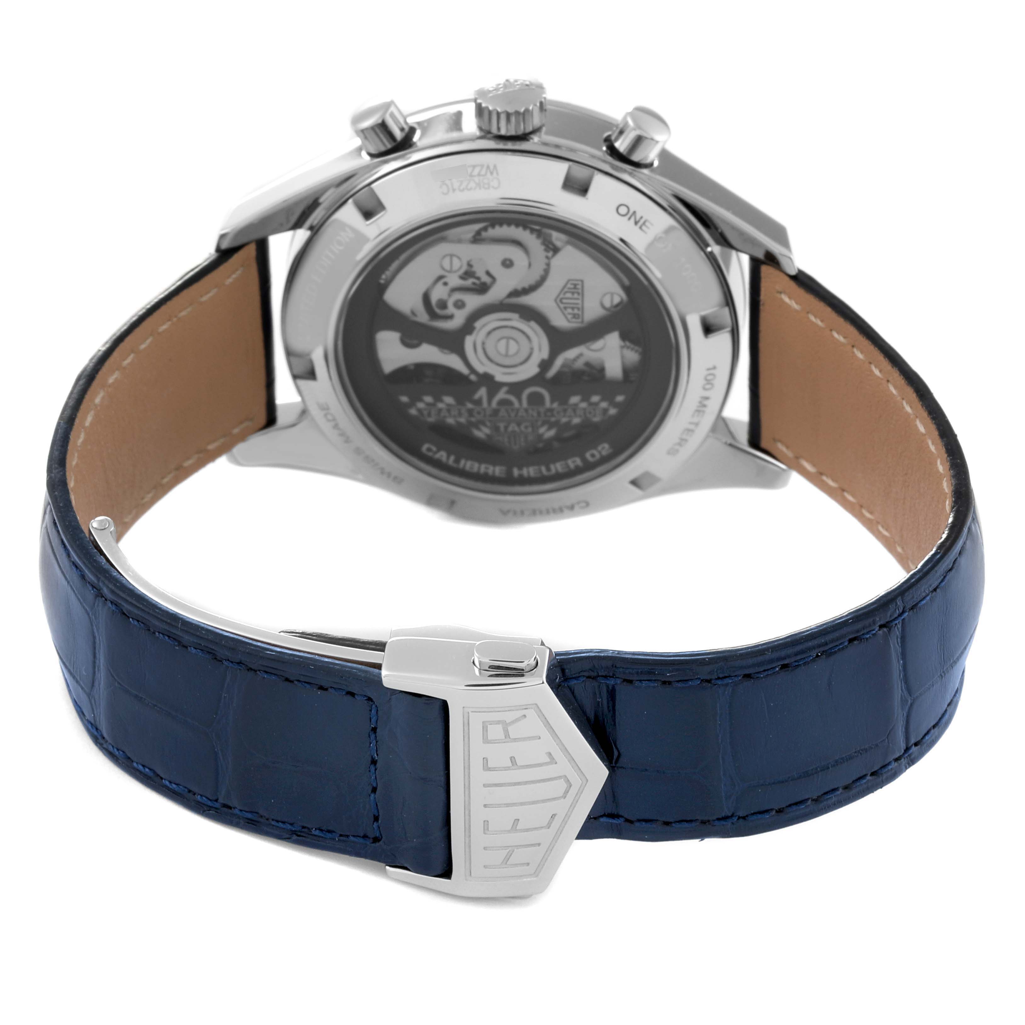 The image shows the back case and strap of the Tag Heuer Carrera CBK221C.FC6488 Men's Stainless Steel White Dial CBK221C.FC6488 Men's Stainless Steel White Dial with a visible Calibre Heuer 02 movement.