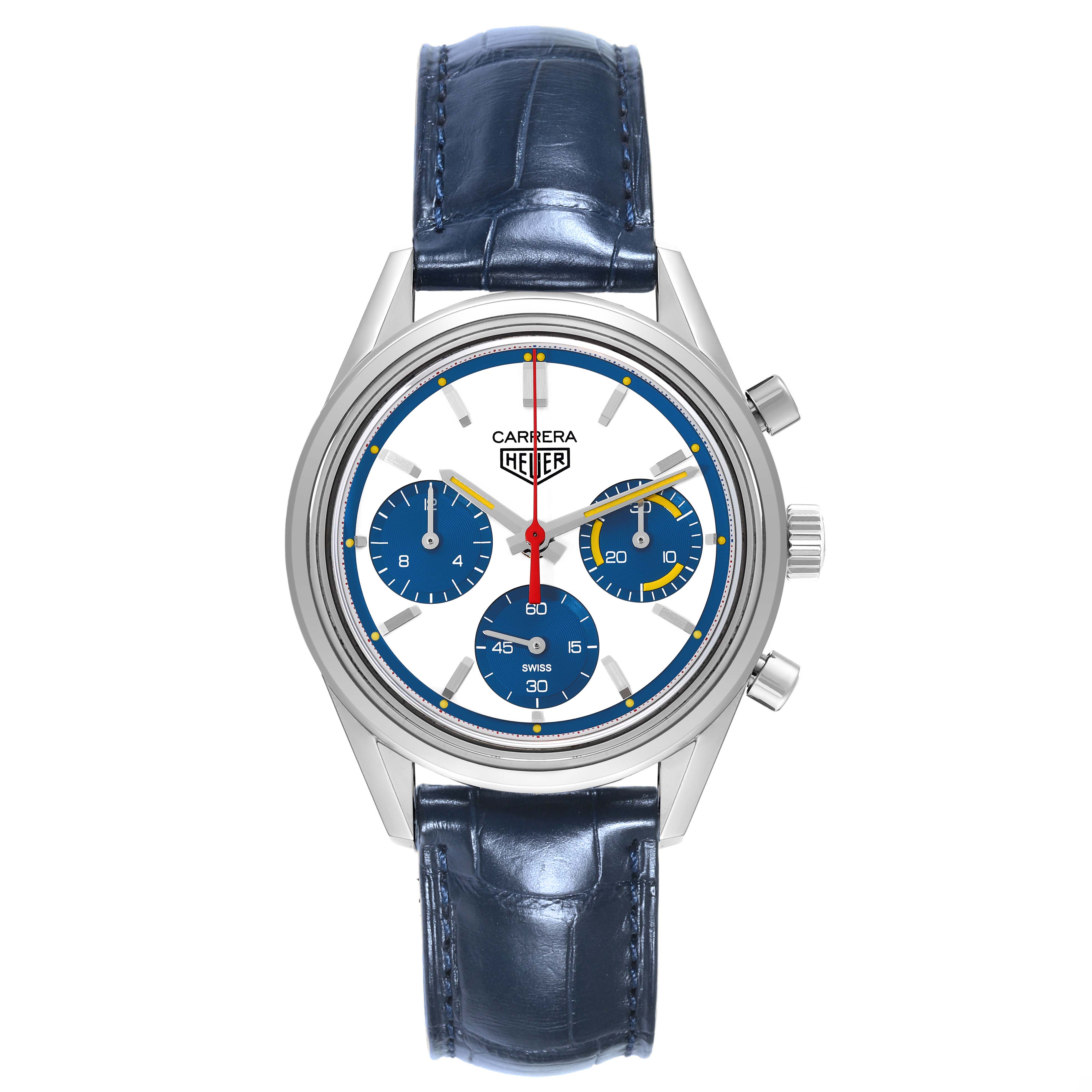 This image shows a front view of a Tag Heuer Carrera CBK221C.FC6488 Men's Stainless Steel White Dial CBK221C.FC6488 Men's Stainless Steel White Dial watch, displaying the dial, subdials, crown, and leather strap.