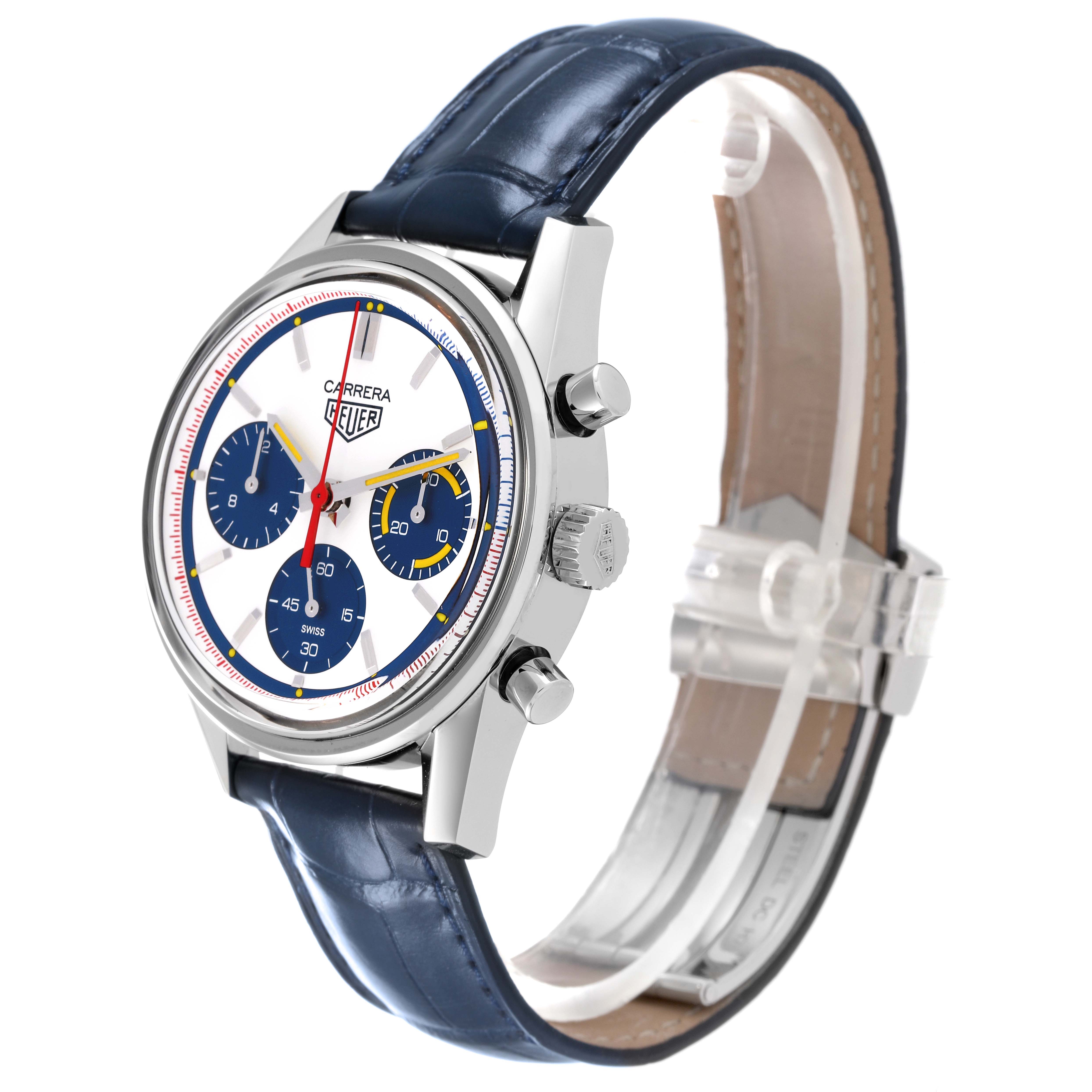 The Tag Heuer Carrera CBK221C.FC6488 Men's Stainless Steel White Dial CBK221C.FC6488 Men's Stainless Steel White Dial watch is shown from a three-quarter angle, highlighting its dial, crown, pushers, and leather strap.