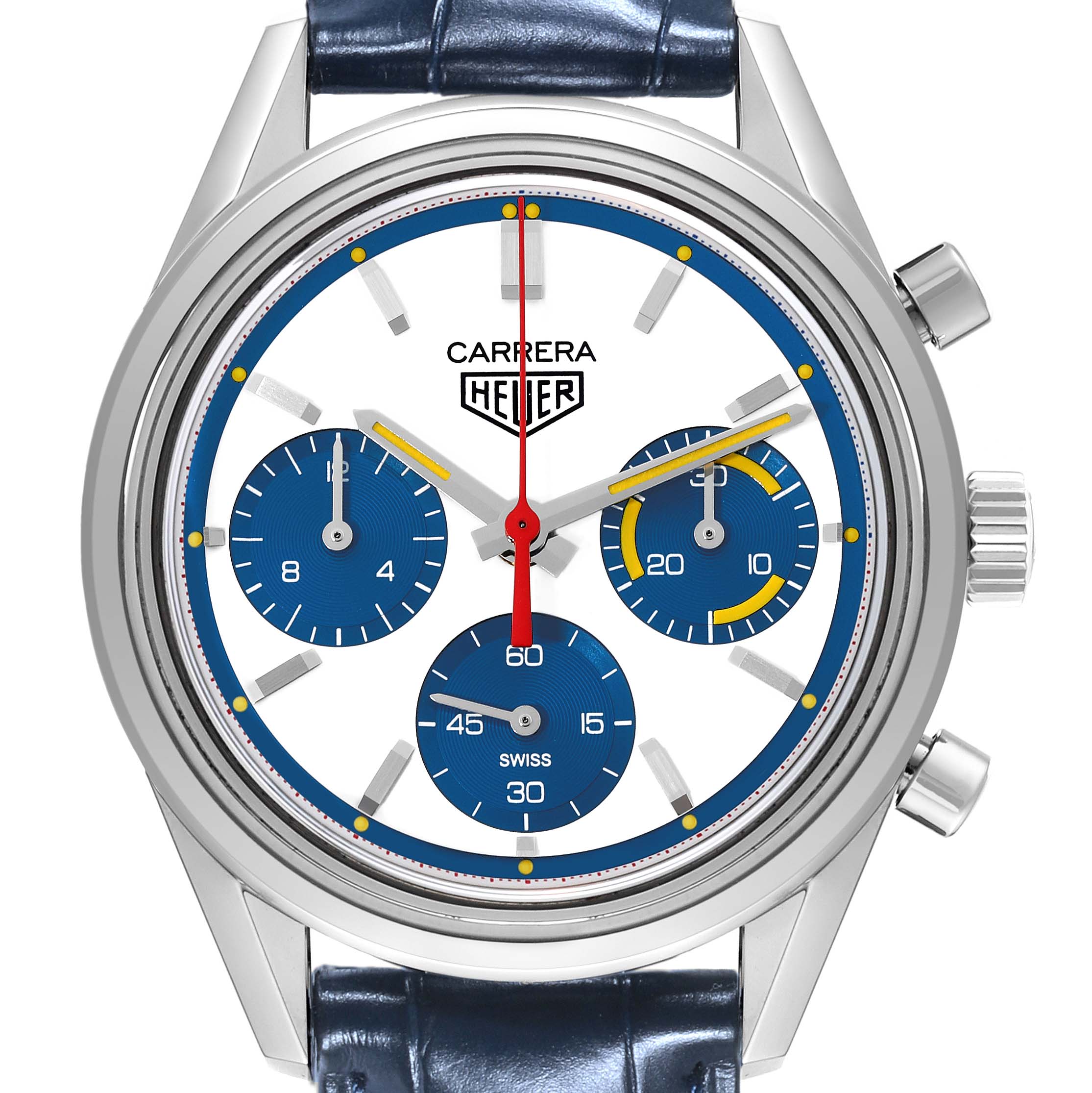 The Tag Heuer Carrera CBK221C.FC6488 Men's Stainless Steel White Dial CBK221C.FC6488 Men's Stainless Steel White Dial model is shown from a frontal angle, highlighting the dial, subdials, and case.