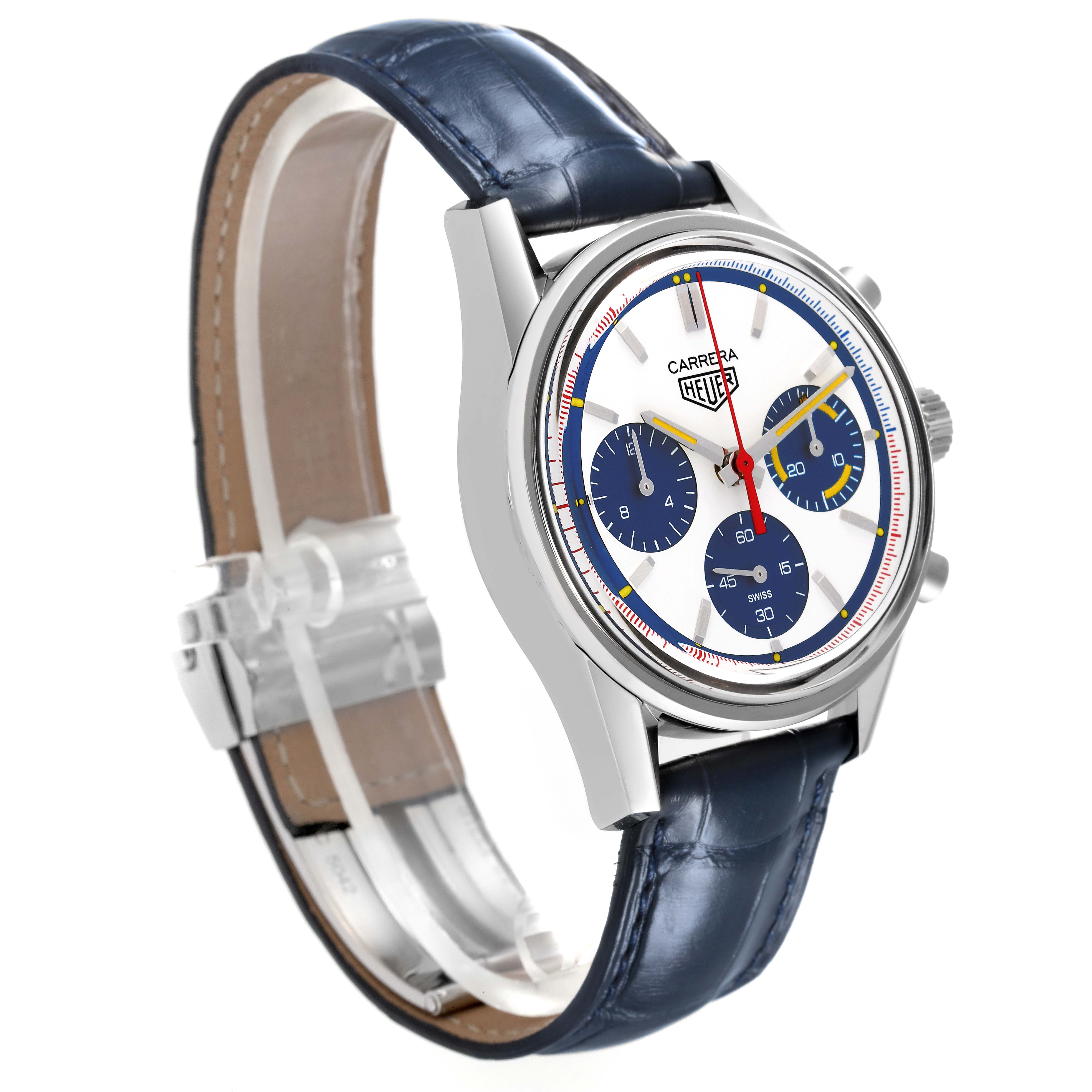 The image shows a Carrera model by Tag Heuer from a front-left angle, highlighting the dial, case, and leather strap.