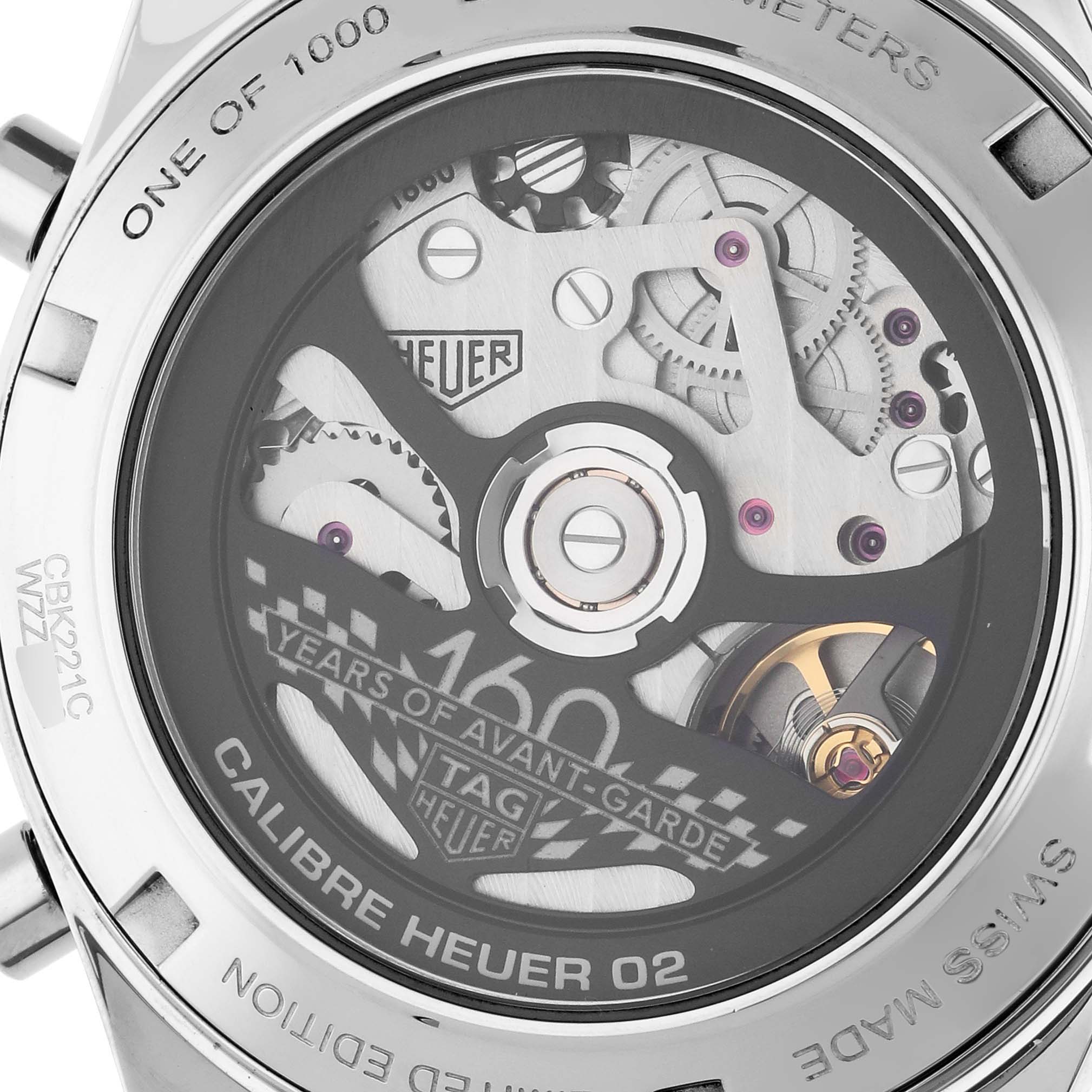 The image shows the back view of a Tag Heuer Carrera CBK221C.FC6488 Men's Stainless Steel White Dial CBK221C.FC6488 Men's Stainless Steel White Dial watch, focusing on the Calibre Heuer 02 movement and its intricate components.