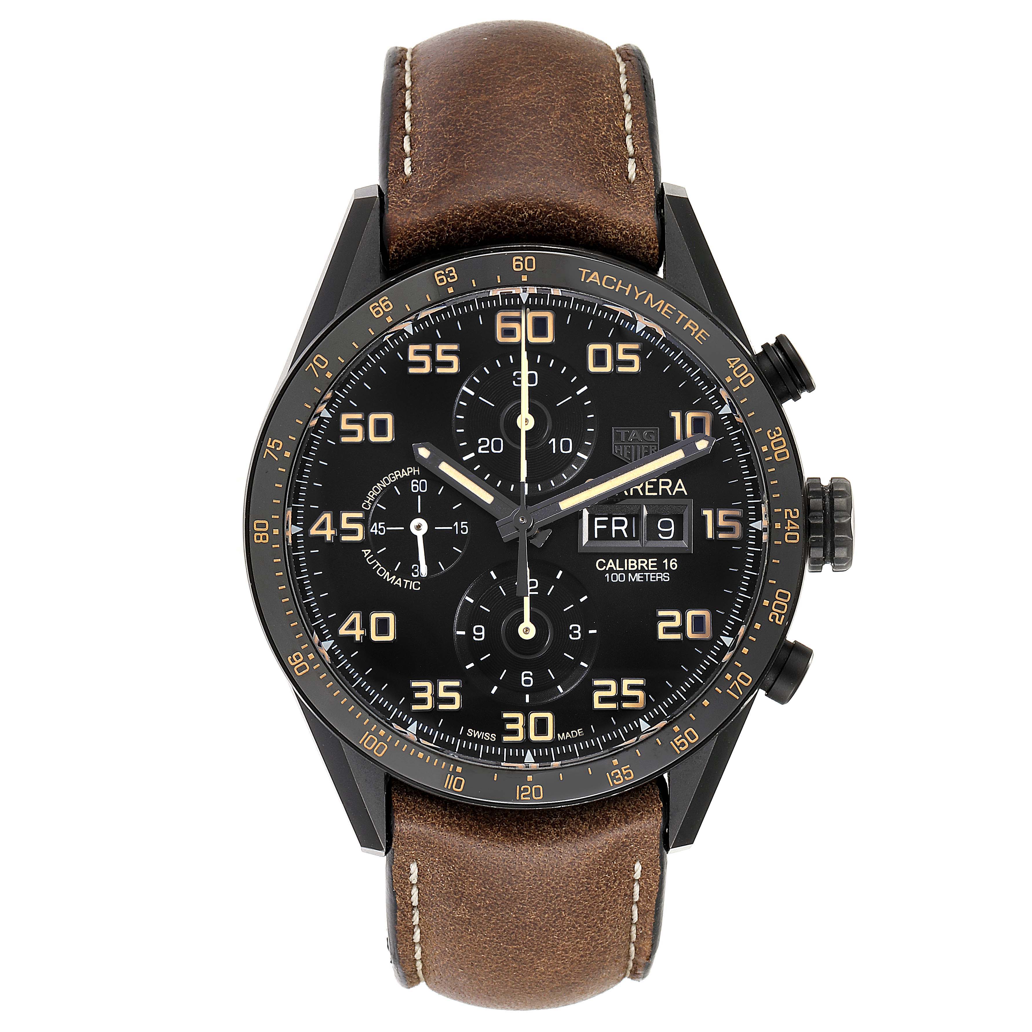 The image shows a front view of a Tag Heuer Carrera CV2A84.FC6394 Men's Titanium Black Dial CV2A84.FC6394 Men's Titanium Black Dial model watch, featuring its dial, hands, subdials, and brown leather strap.