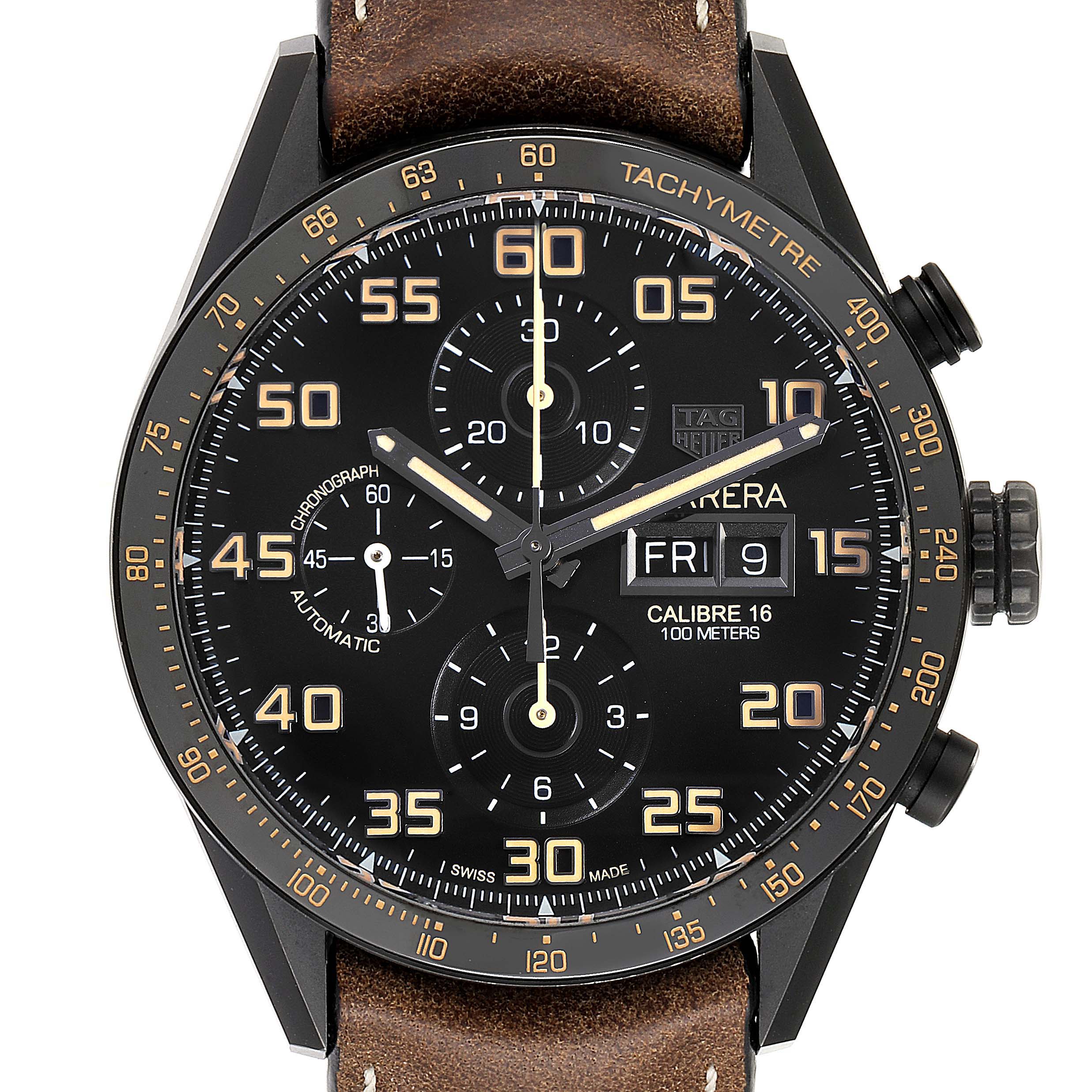 This image shows a close-up, front view of the dial and bezel of a Tag Heuer Carrera CV2A84.FC6394 Men's Titanium Black Dial CV2A84.FC6394 Men's Titanium Black Dial watch.