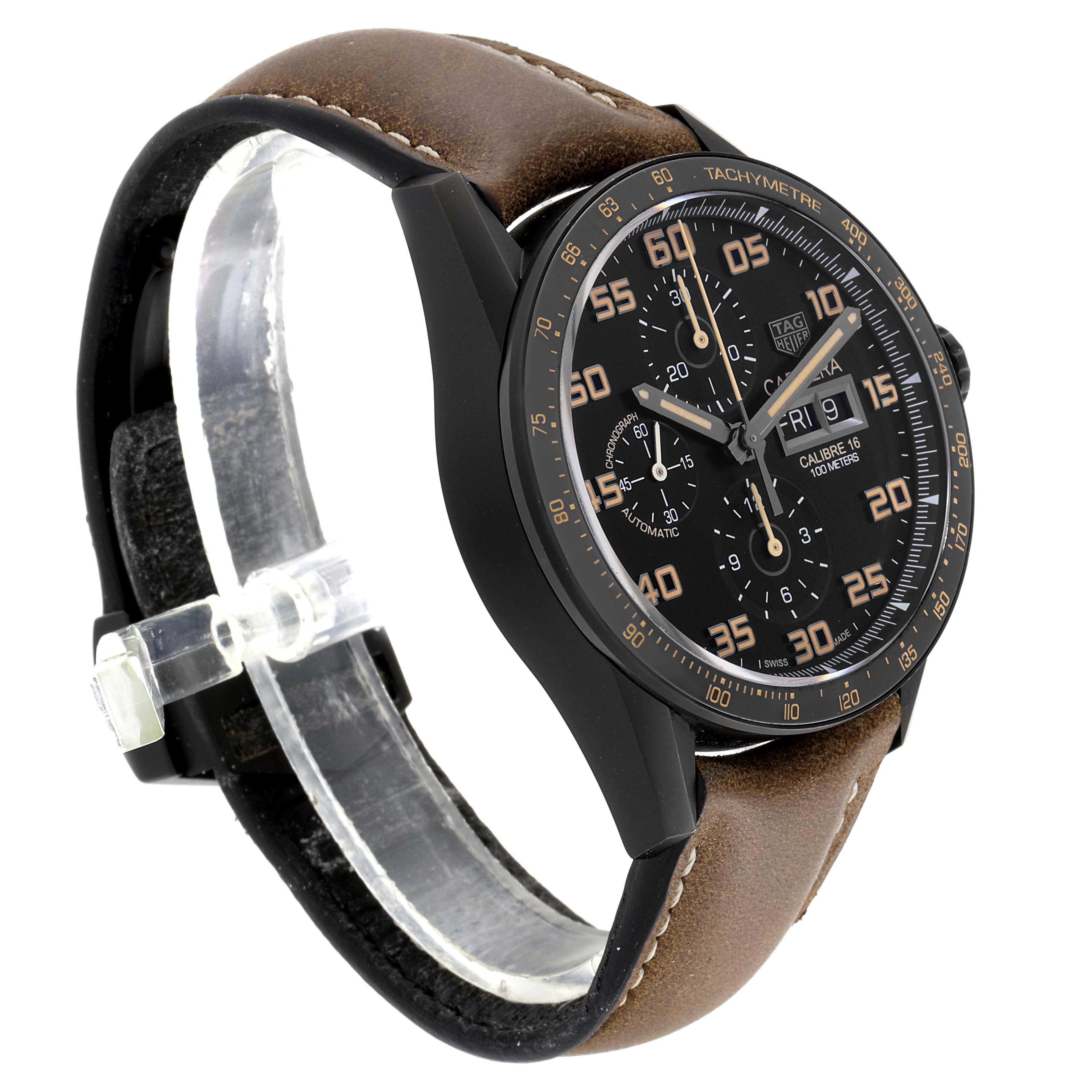The image shows a side-angle view of a Tag Heuer Carrera CV2A84.FC6394 Men's Titanium Black Dial CV2A84.FC6394 Men's Titanium Black Dial watch, highlighting the face, bezel, and brown leather strap.