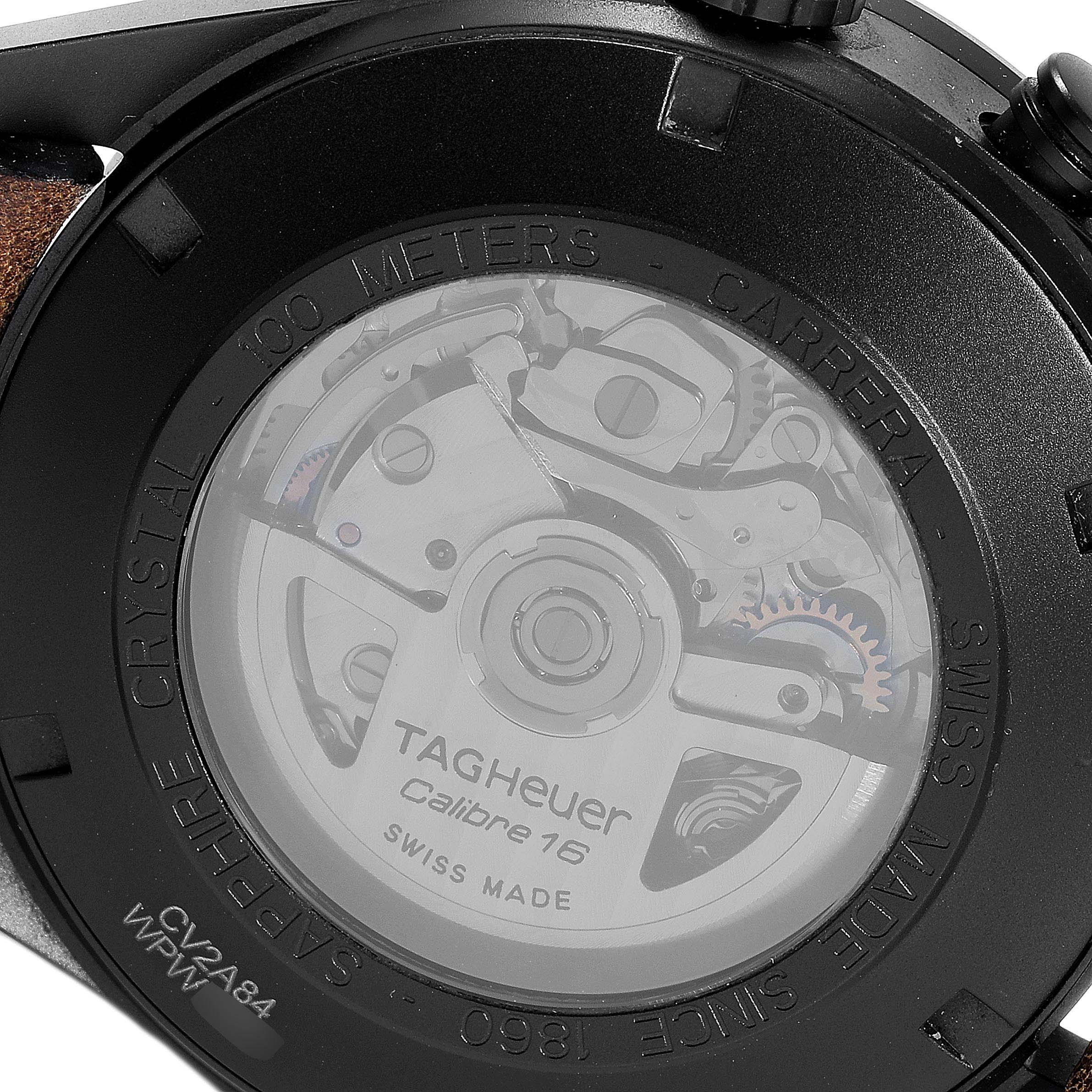 The image shows the case back of a Tag Heuer Carrera CV2A84.FC6394 Men's Titanium Black Dial CV2A84.FC6394 Men's Titanium Black Dial Calibre 16 watch, revealing its internal mechanism.