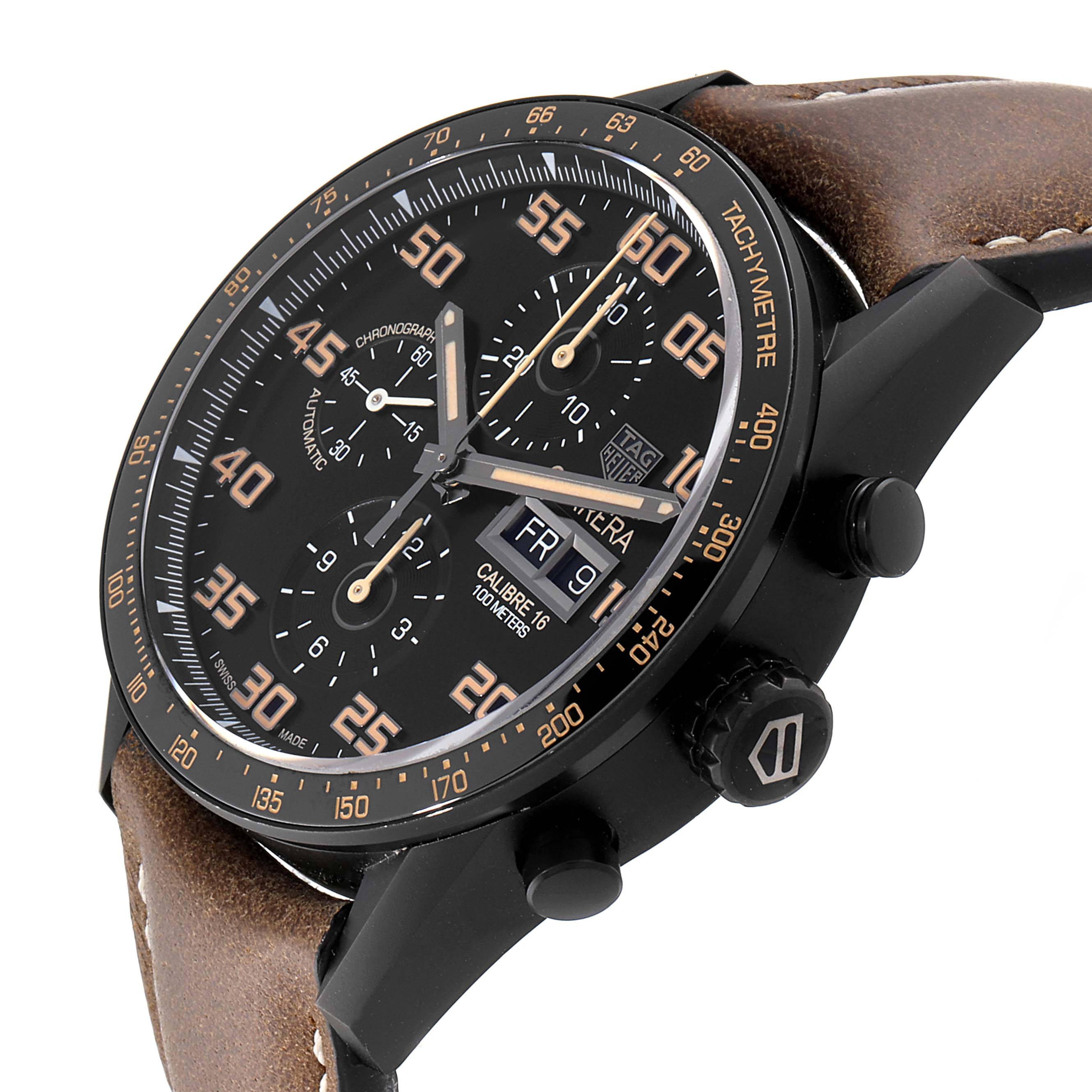 The image shows a side view of the Tag Heuer Carrera CV2A84.FC6394 Men's Titanium Black Dial CV2A84.FC6394 Men's Titanium Black Dial watch, highlighting the face, bezel, crown, and leather strap.