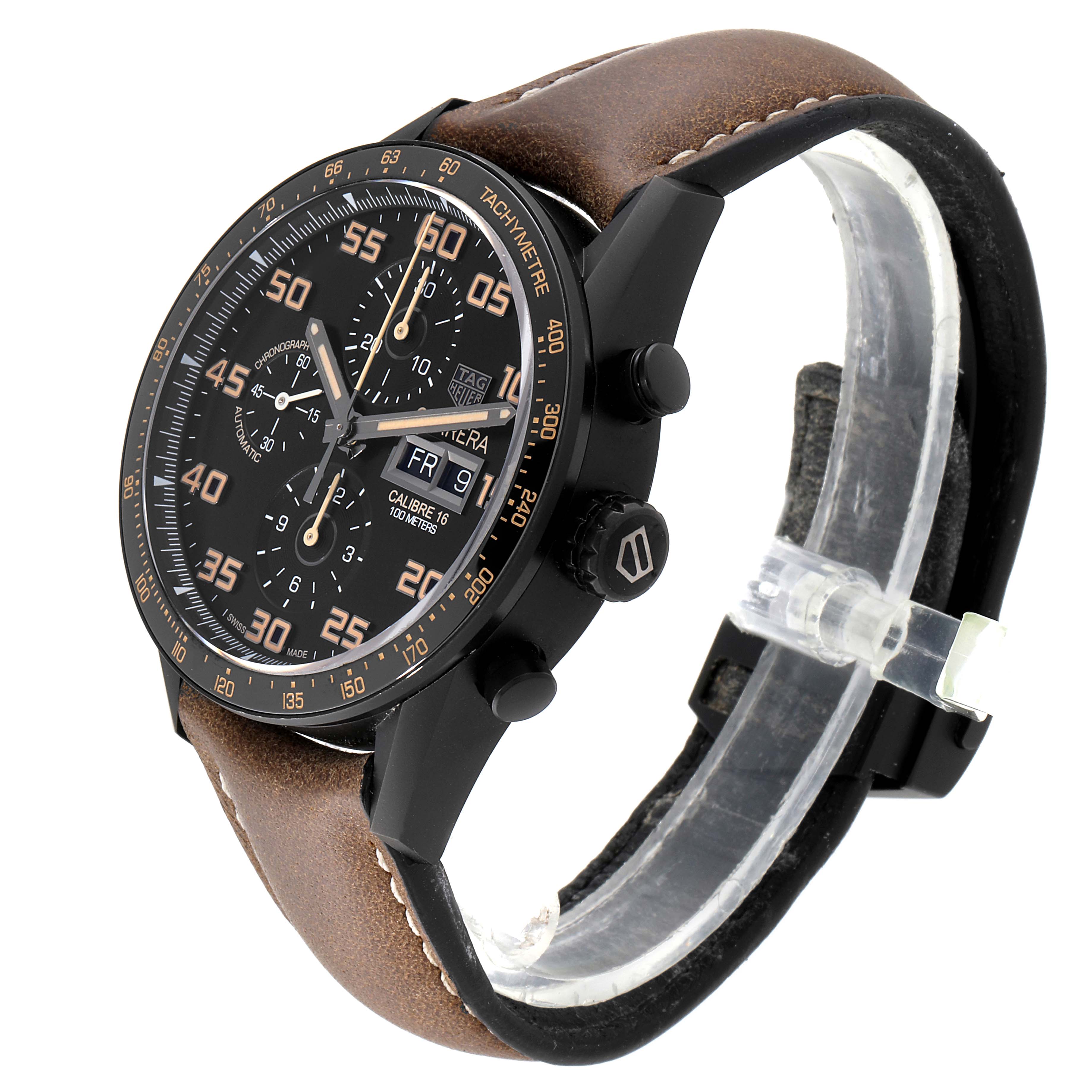 The image shows a side angle of a Tag Heuer Carrera CV2A84.FC6394 Men's Titanium Black Dial CV2A84.FC6394 Men's Titanium Black Dial model, highlighting the face, crown, pushers, and leather strap.