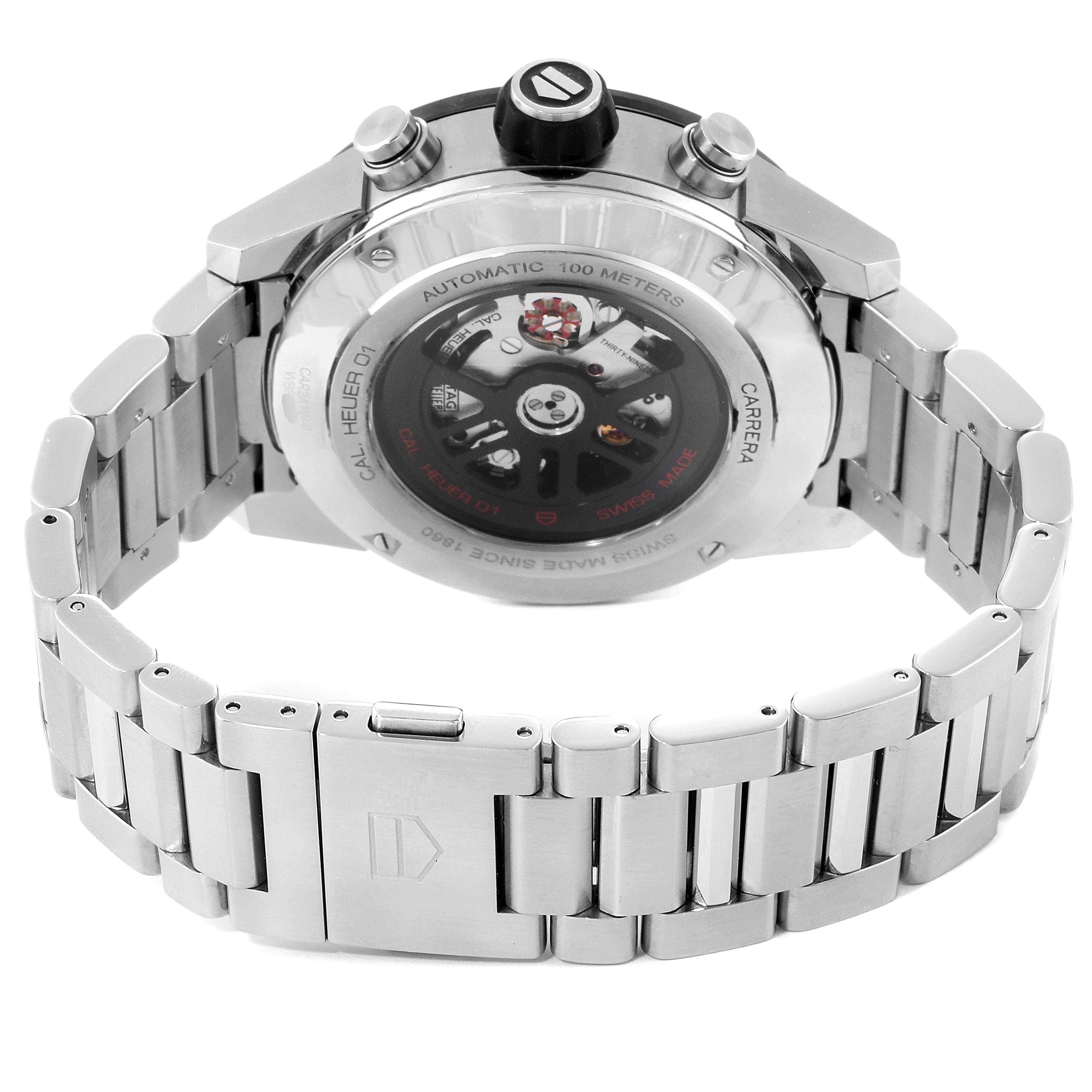 The image shows the back and bracelet of a Tag Heuer Carrera CAR2A1W.BA0703 Men's Stainless Steel Transparent Dial CAR2A1W.BA0703 Men's Stainless Steel Transparent Dial watch, highlighting the automatic movement and clasp.