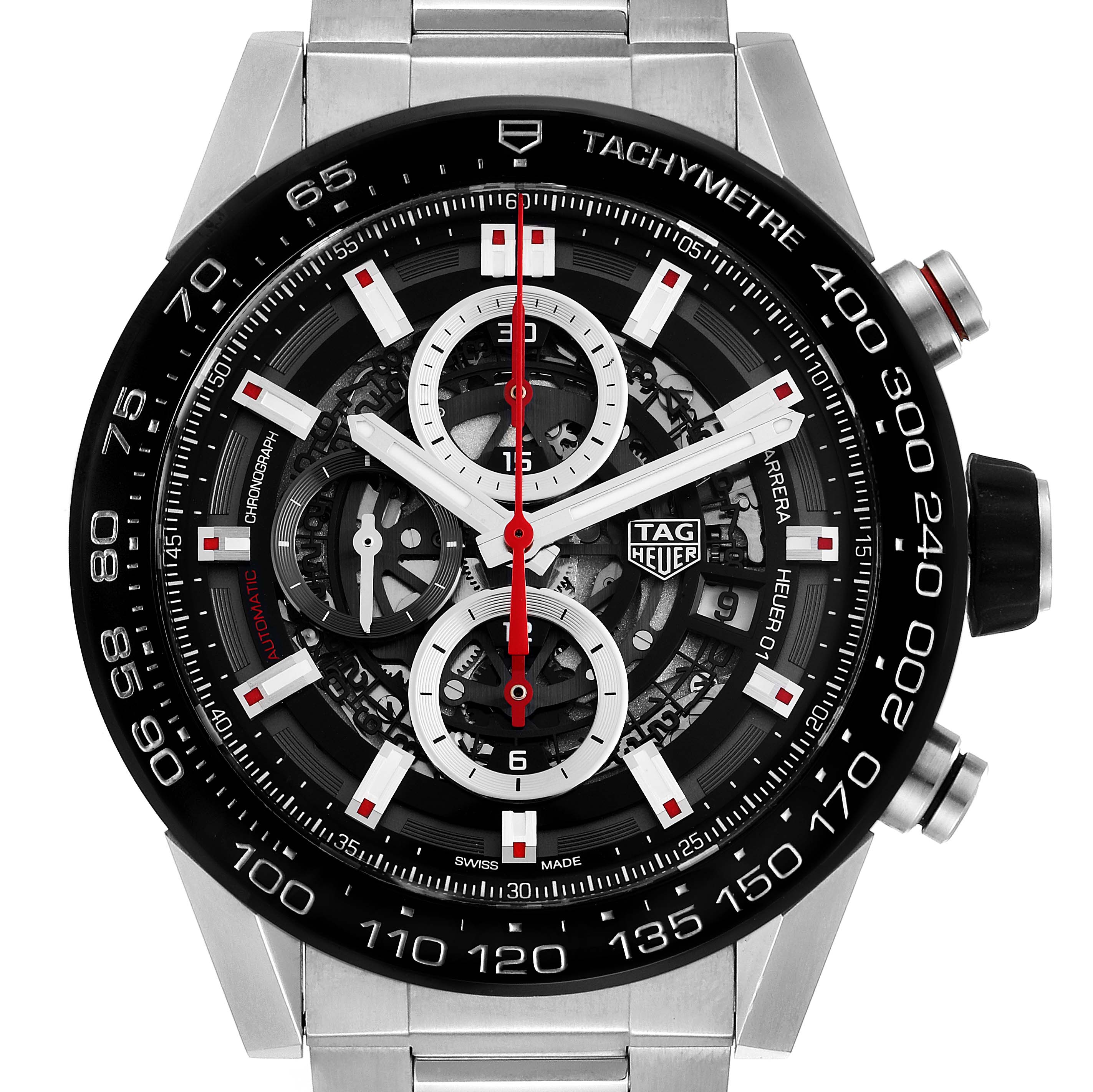 The Tag Heuer Carrera CAR2A1W.BA0703 Men's Stainless Steel Transparent Dial CAR2A1W.BA0703 Men's Stainless Steel Transparent Dial model watch is shown from a top-down angle, highlighting its dial, tachymeter bezel, and stainless steel bracelet.
