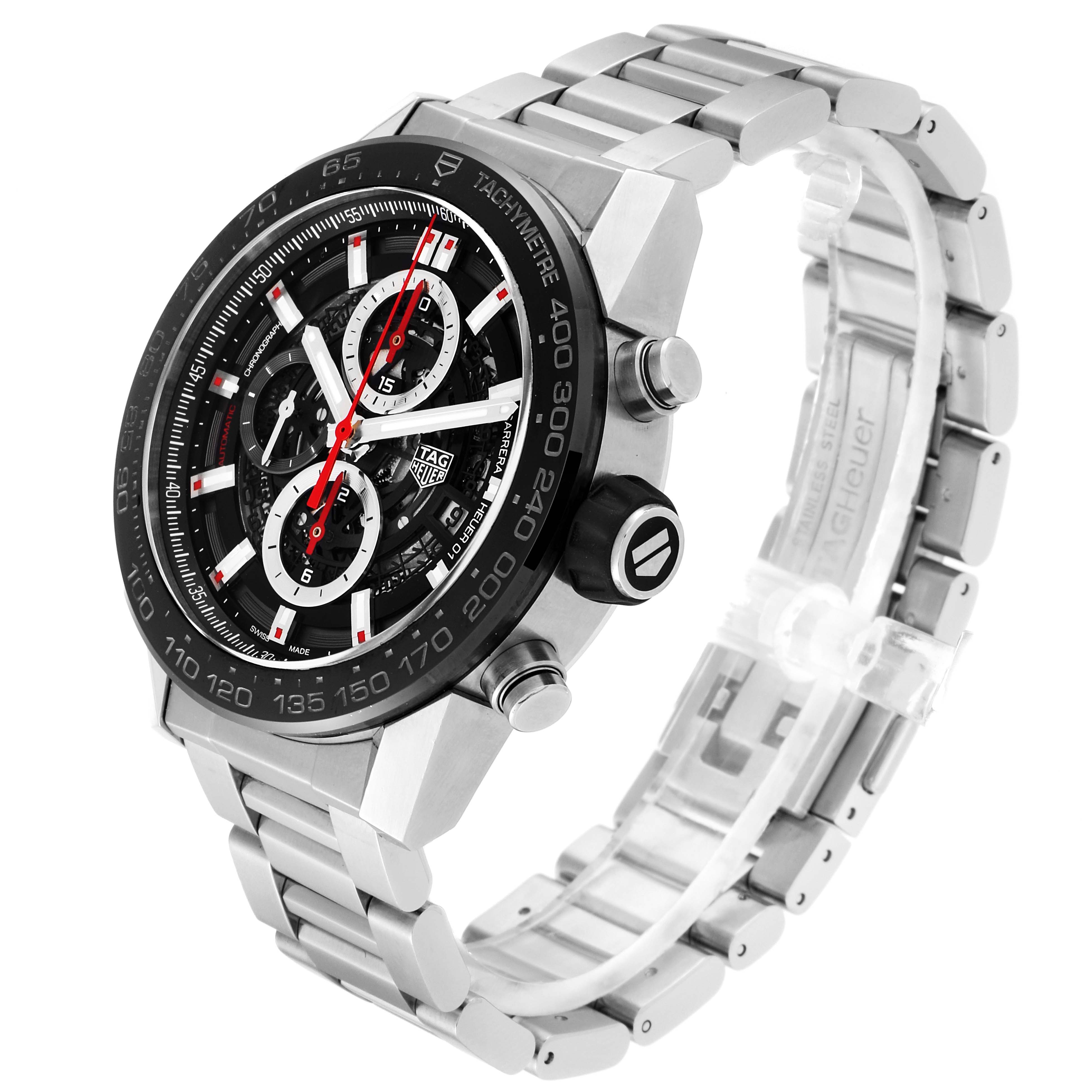 The Tag Heuer Carrera CAR2A1W.BA0703 Men's Stainless Steel Transparent Dial CAR2A1W.BA0703 Men's Stainless Steel Transparent Dial watch is shown from a three-quarter angle, highlighting its face, bezel, crown, and stainless steel bracelet.