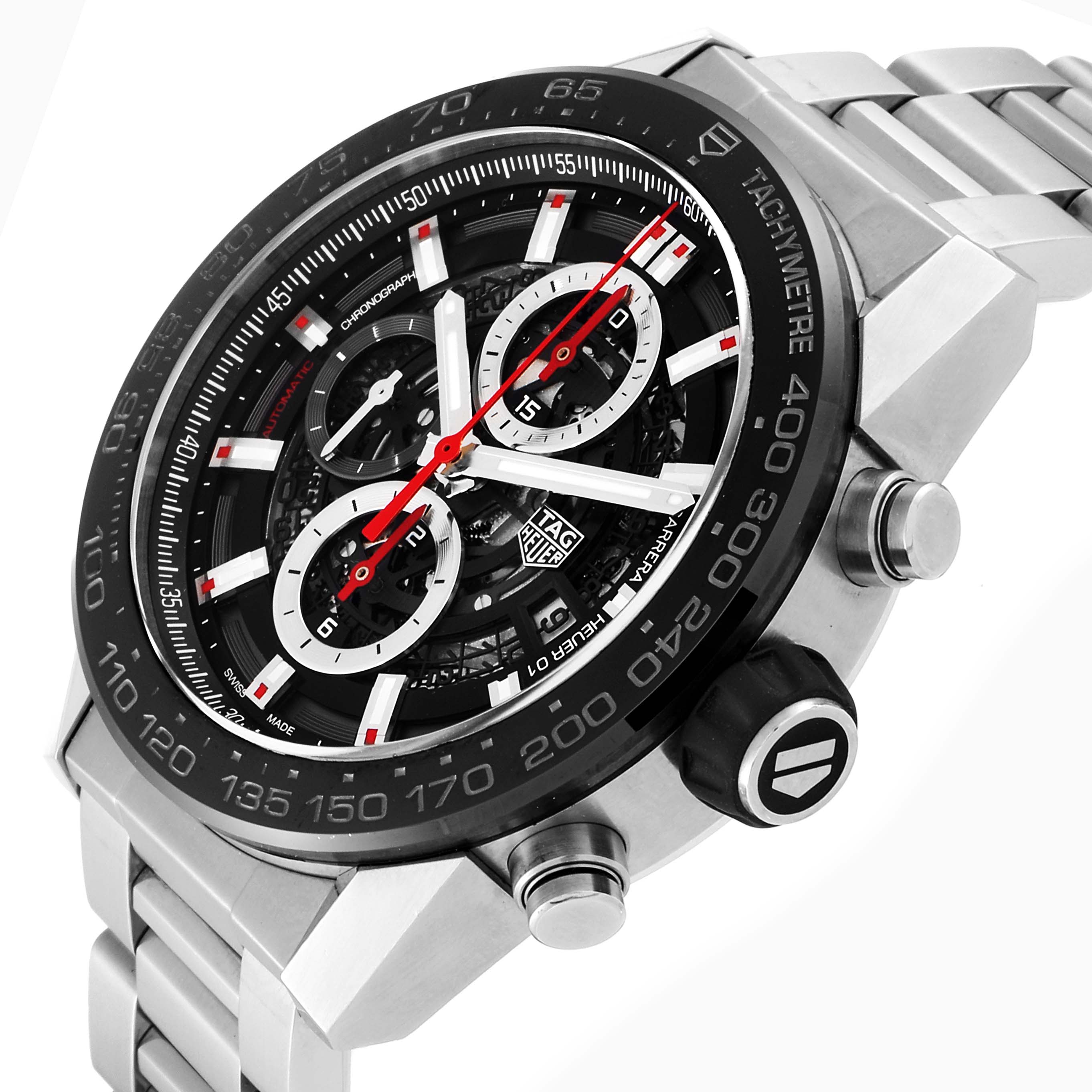 This image shows a side and top view of the Tag Heuer Carrera CAR2A1W.BA0703 Men's Stainless Steel Transparent Dial CAR2A1W.BA0703 Men's Stainless Steel Transparent Dial watch, highlighting its dial, chronograph subdials, and tachymeter bezel.