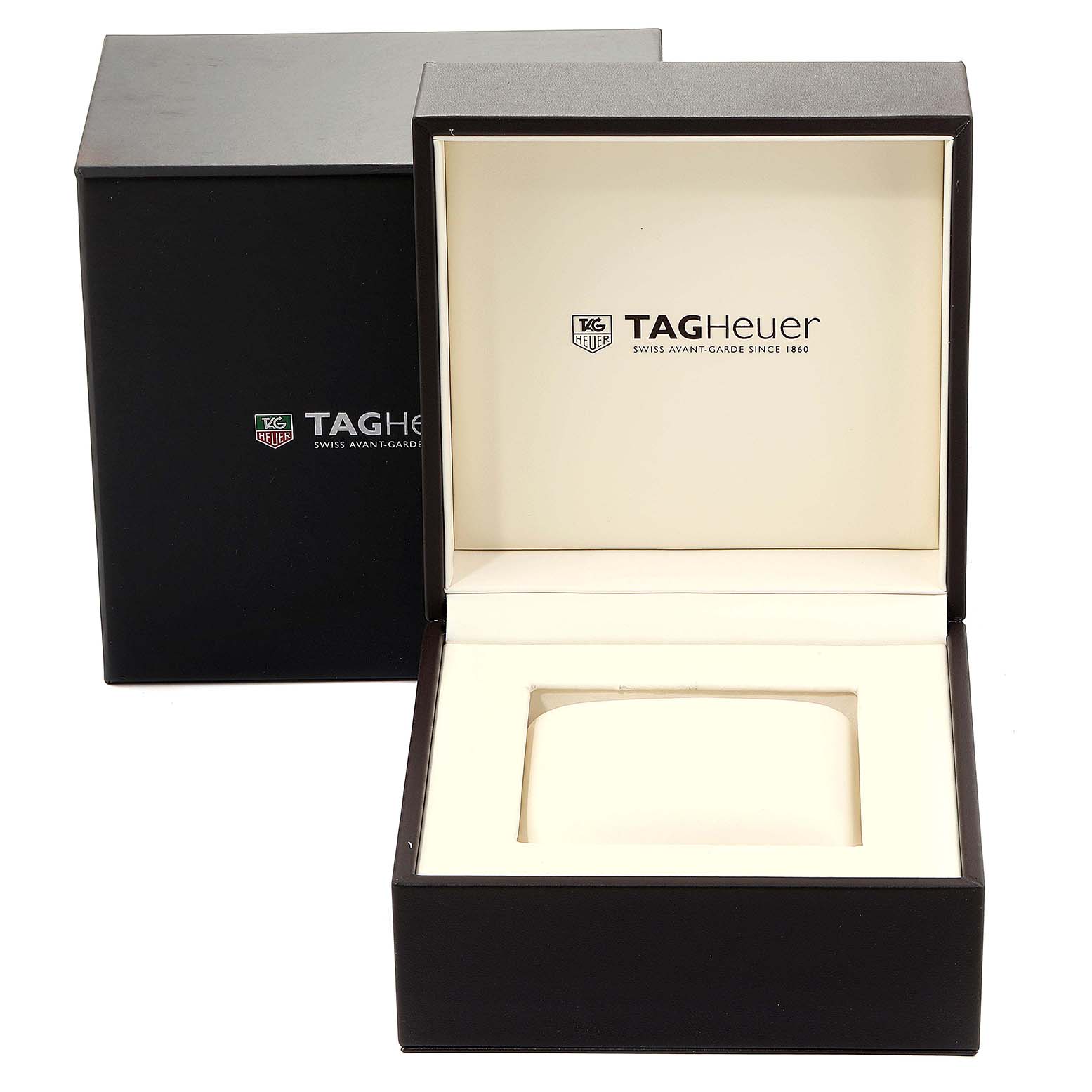 The image shows an empty Tag Heuer Carrera CAR2A1W.BA0703 Men's Stainless Steel Transparent Dial CAR2A1W.BA0703 Men's Stainless Steel Transparent Dial watch box, featuring its interior and logo.