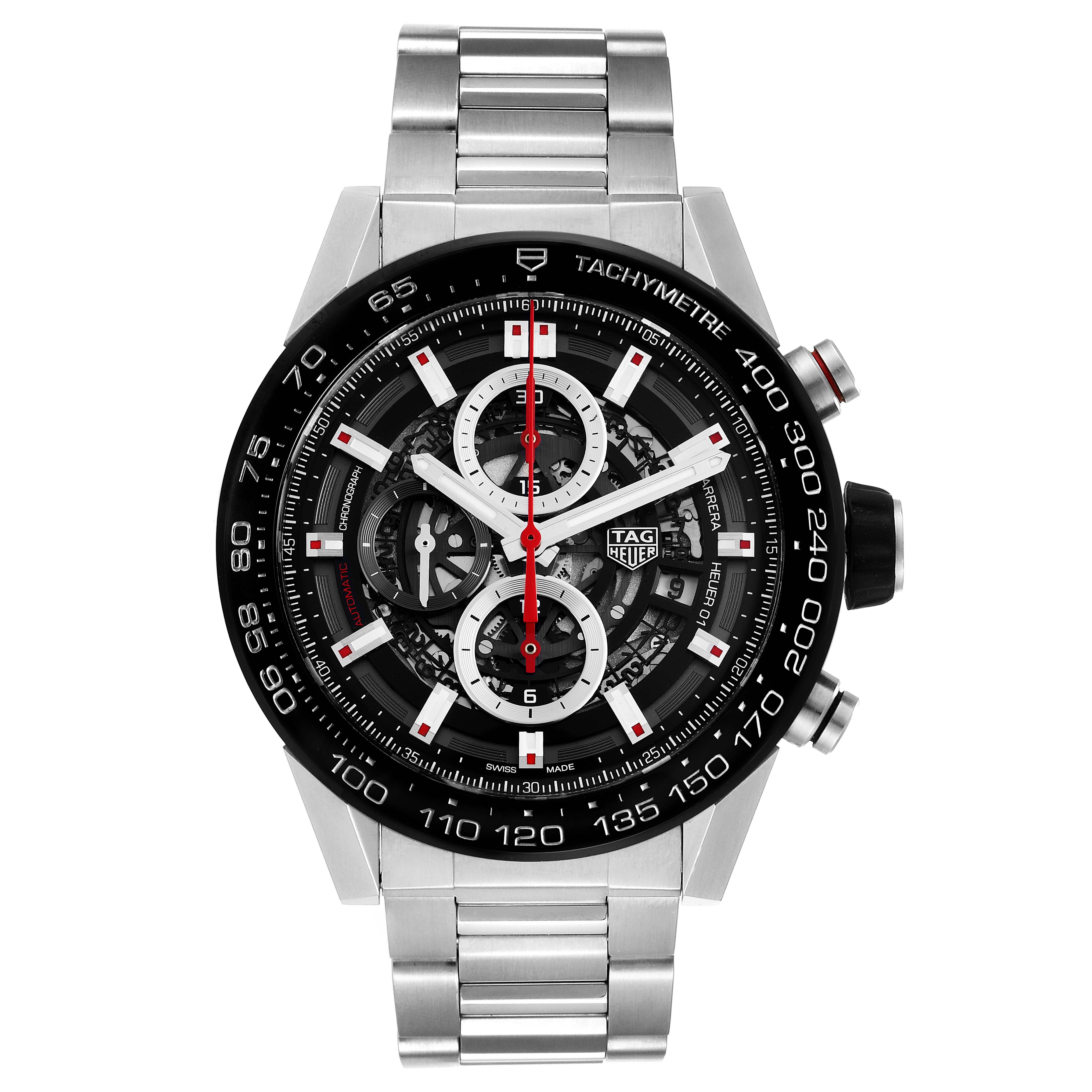 The image shows a front view of the Tag Heuer Carrera CAR2A1W.BA0703 Men's Stainless Steel Transparent Dial CAR2A1W.BA0703 Men's Stainless Steel Transparent Dial watch, highlighting its dial, bezel, and stainless steel bracelet.