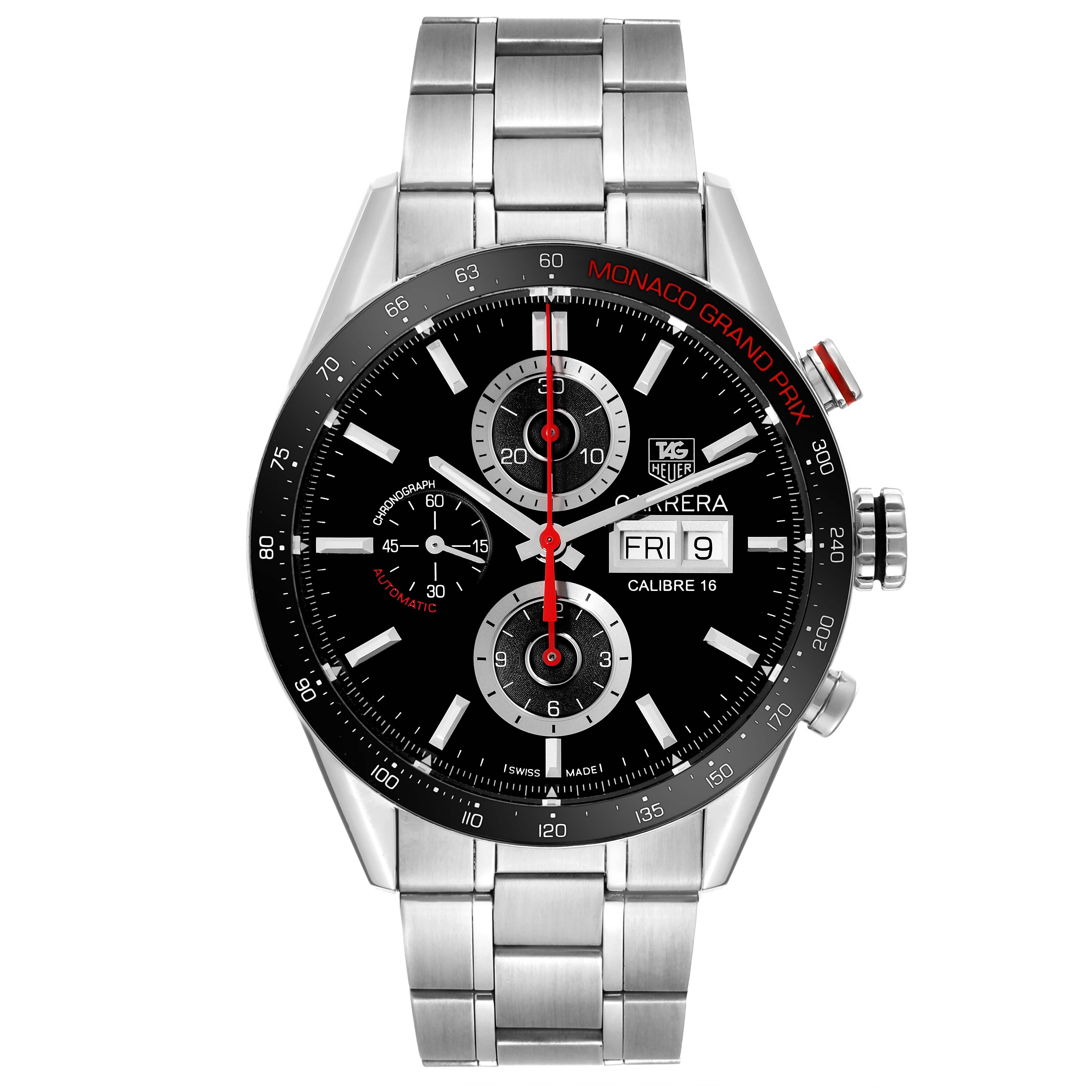 The image shows a front view of the Tag Heuer Carrera Calibre 16 Monaco Grand Prix Limited Edition watch, featuring its stainless steel bracelet and chronograph dial.