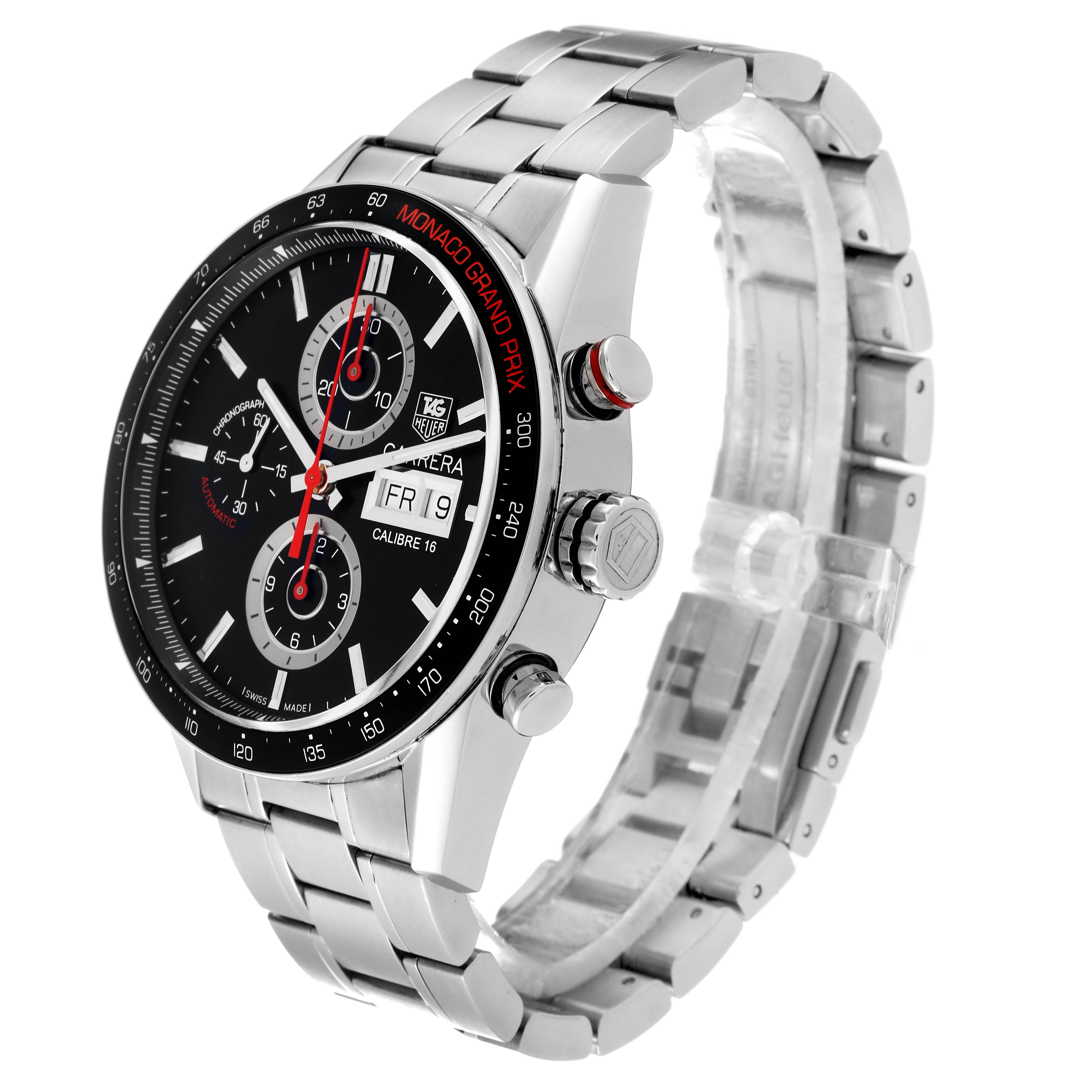 The image displays a side angle of the Tag Heuer Carrera Calibre 16 Monaco Grand Prix Limited Edition watch, focusing on its face, bezel, and metal band.