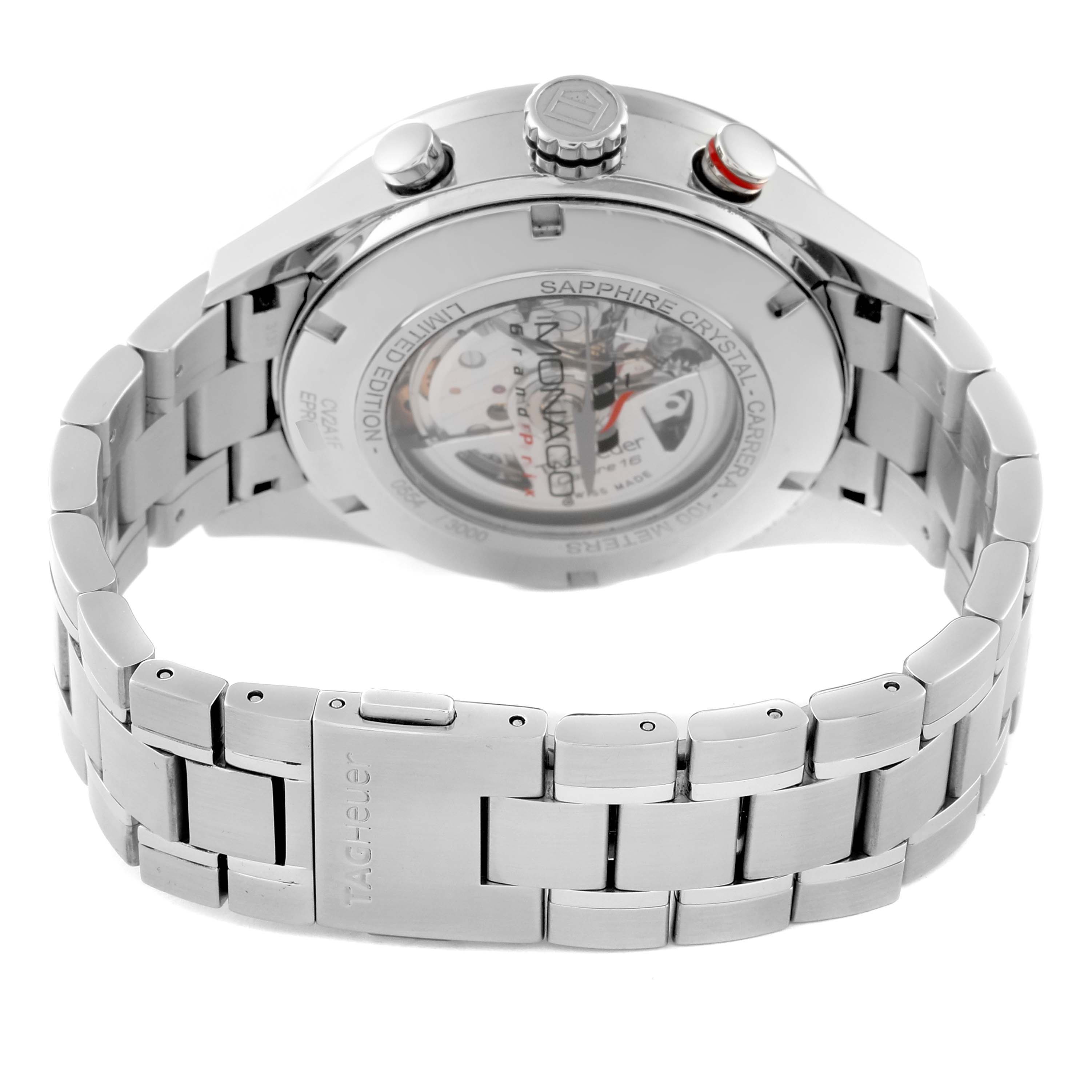 The image shows the back view of the Tag Heuer Limited Edition CV2A1F.BA0796 Men
s Stainless Steel Black Dial CV2A1F.BA0796 Men
s Stainless Steel Black Dial watch, highlighting its bracelet and case back mechanisms.