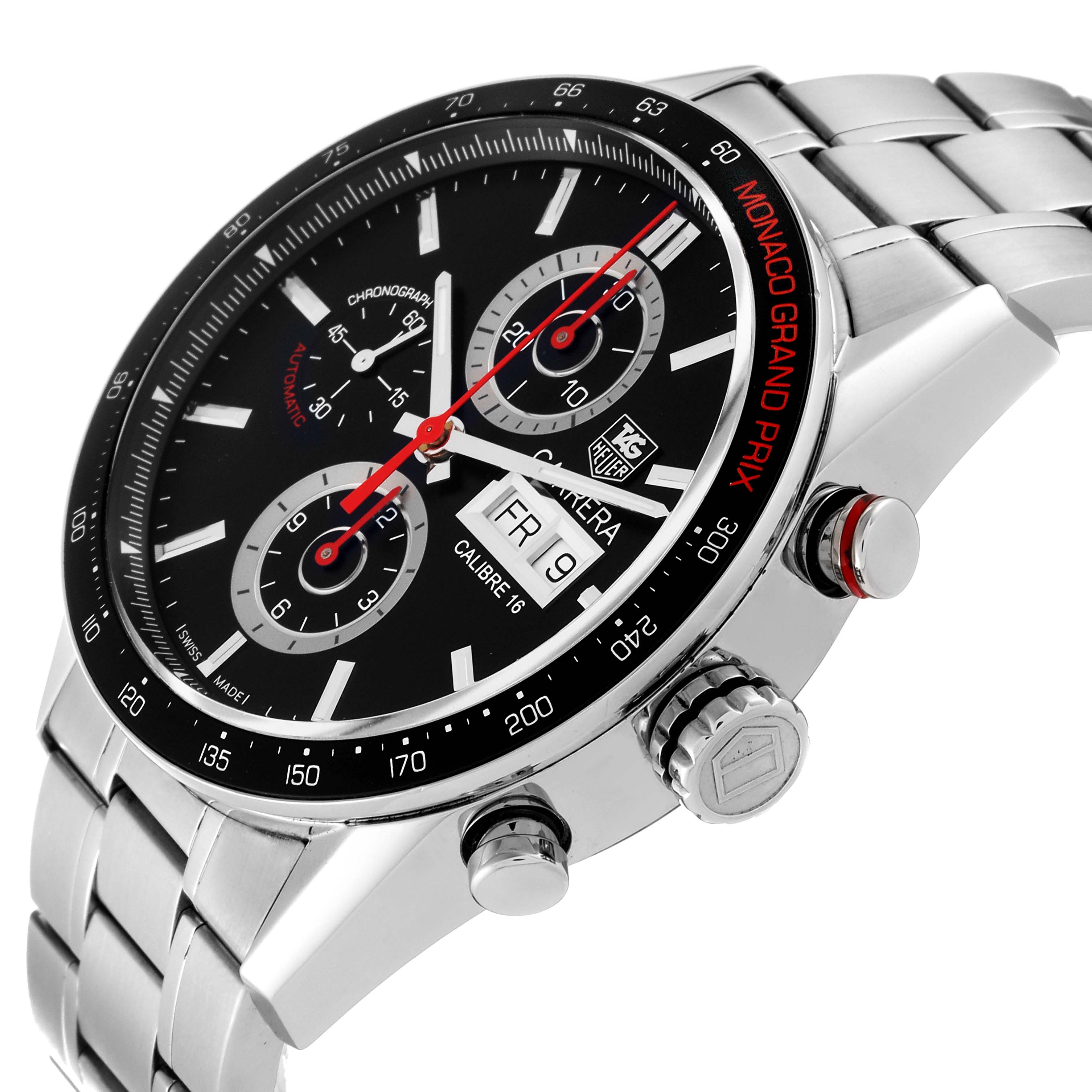 This image shows a side angle of the Tag Heuer Carrera Calibre 16 Limited Edition, featuring its face, bezel, chronograph, date display, and push buttons.