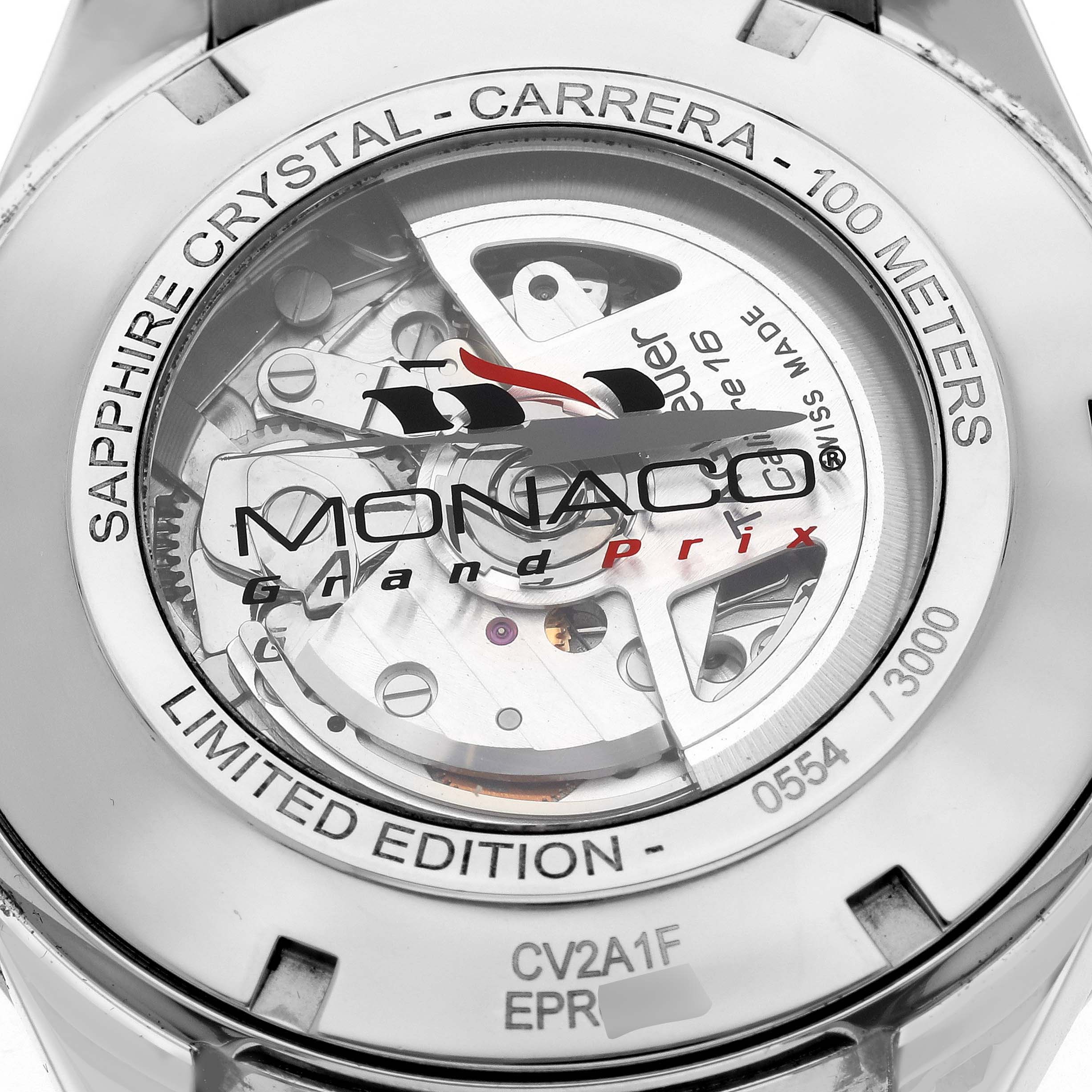 The image shows the back view of a Tag Heuer Carrera Monaco Grand Prix Limited Edition watch, highlighting its movement and inscriptions.