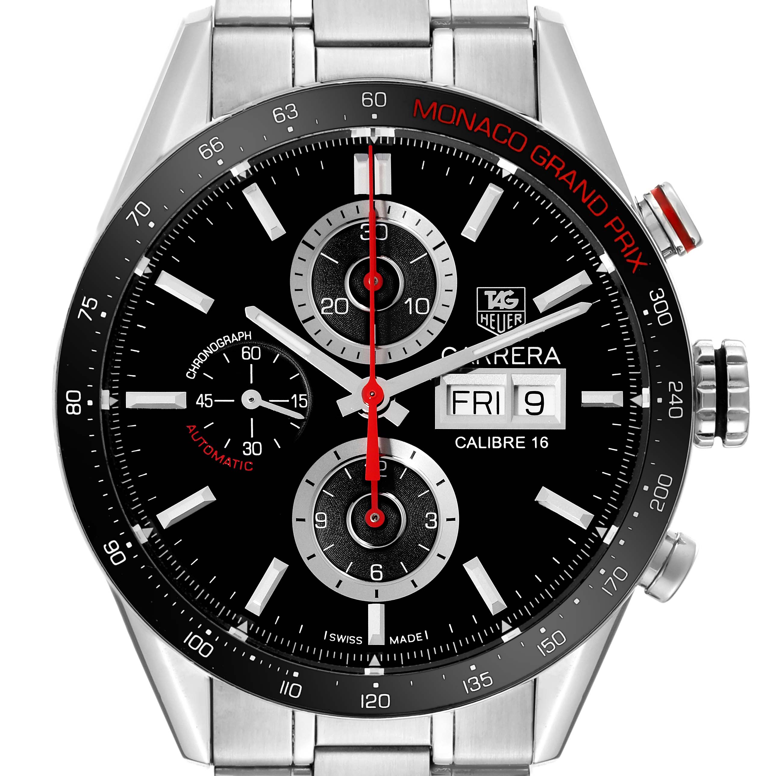 This image shows the front view of the Tag Heuer Carrera Calibre 16 Monaco Grand Prix Limited Edition watch face and bezel.