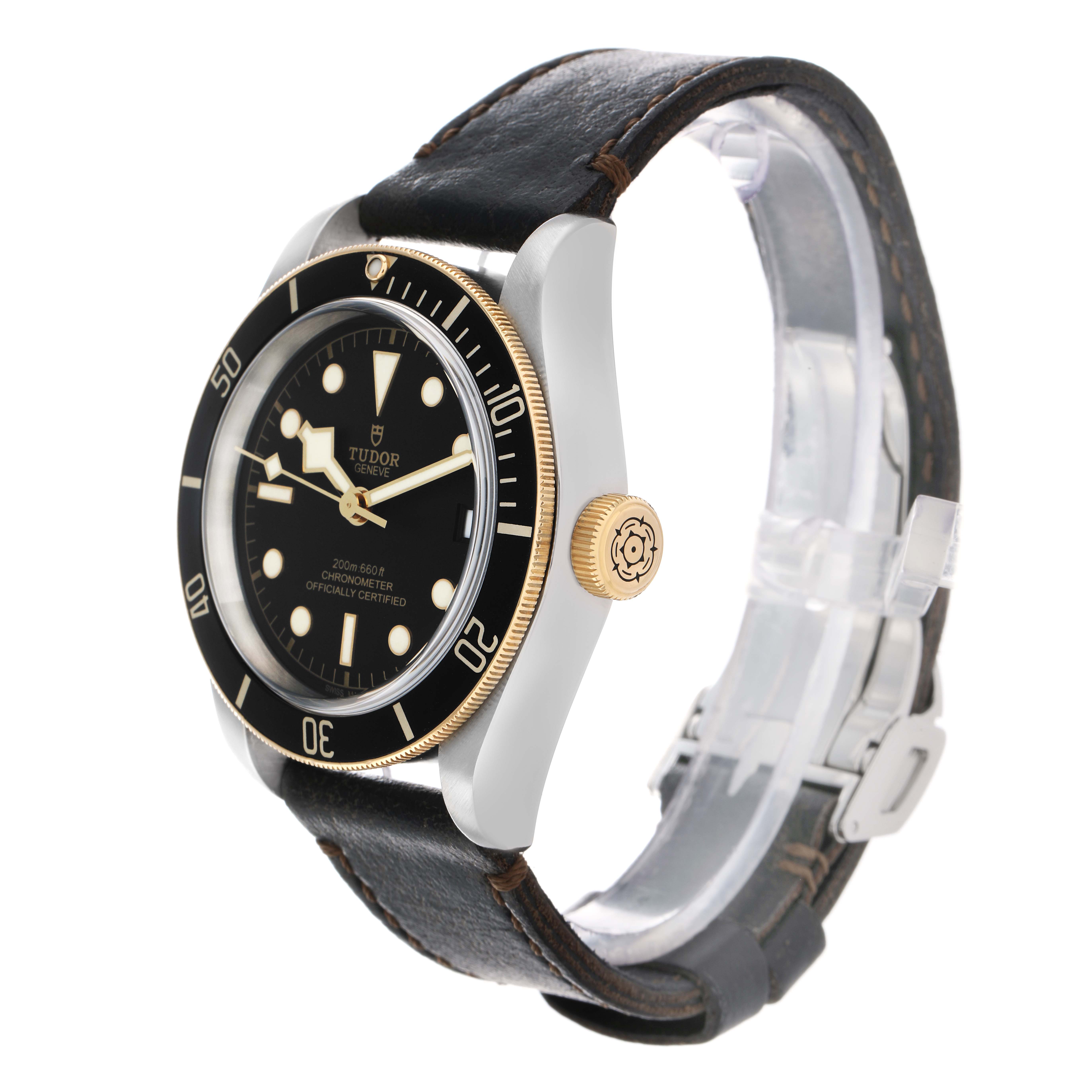 The Tudor Heritage Black Bay 79733 Men
s Steel and Gold (two tone) Black Dial watch is shown from a three-quarter angle, highlighting the dial, bezel, and crown.