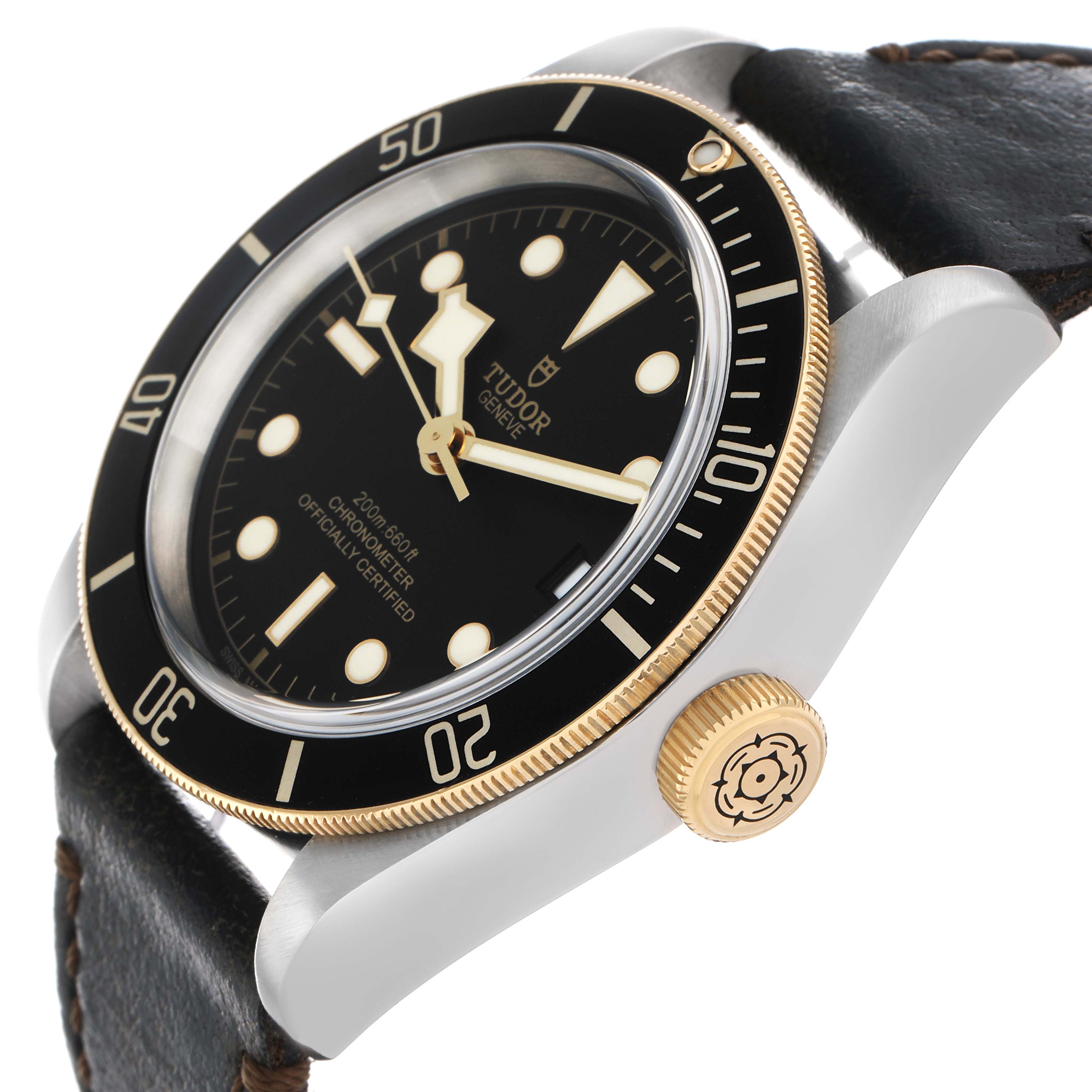 The Tudor Heritage Black Bay 79733 Men
s Steel and Gold (two tone) Black Dial watch is shown from a side angle, highlighting the bezel, crown, and part of the strap.