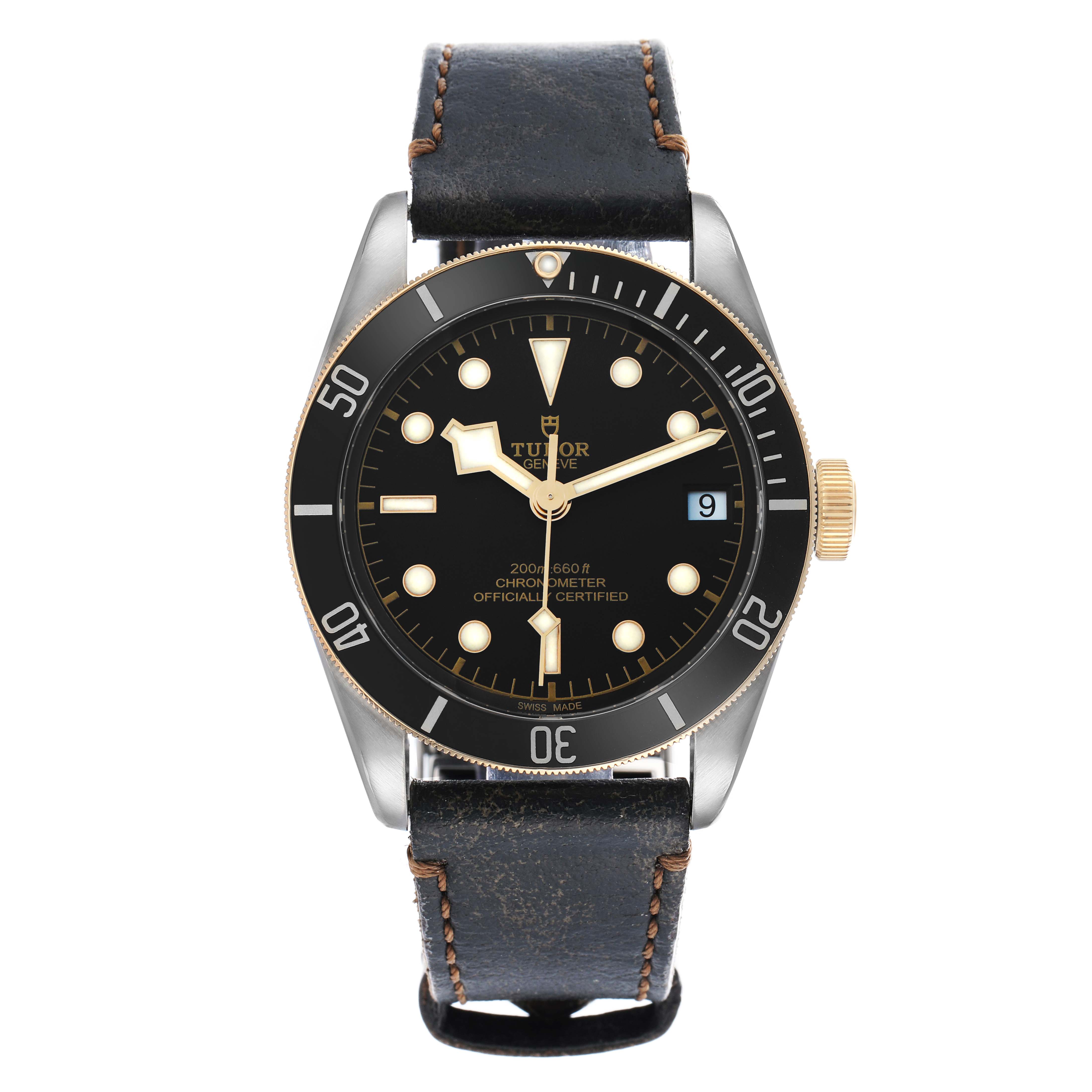 The Tudor Heritage Black Bay 79733 Men
s Steel and Gold (two tone) Black Dial watch is shown from the front, displaying its dial, bezel, case, and strap.