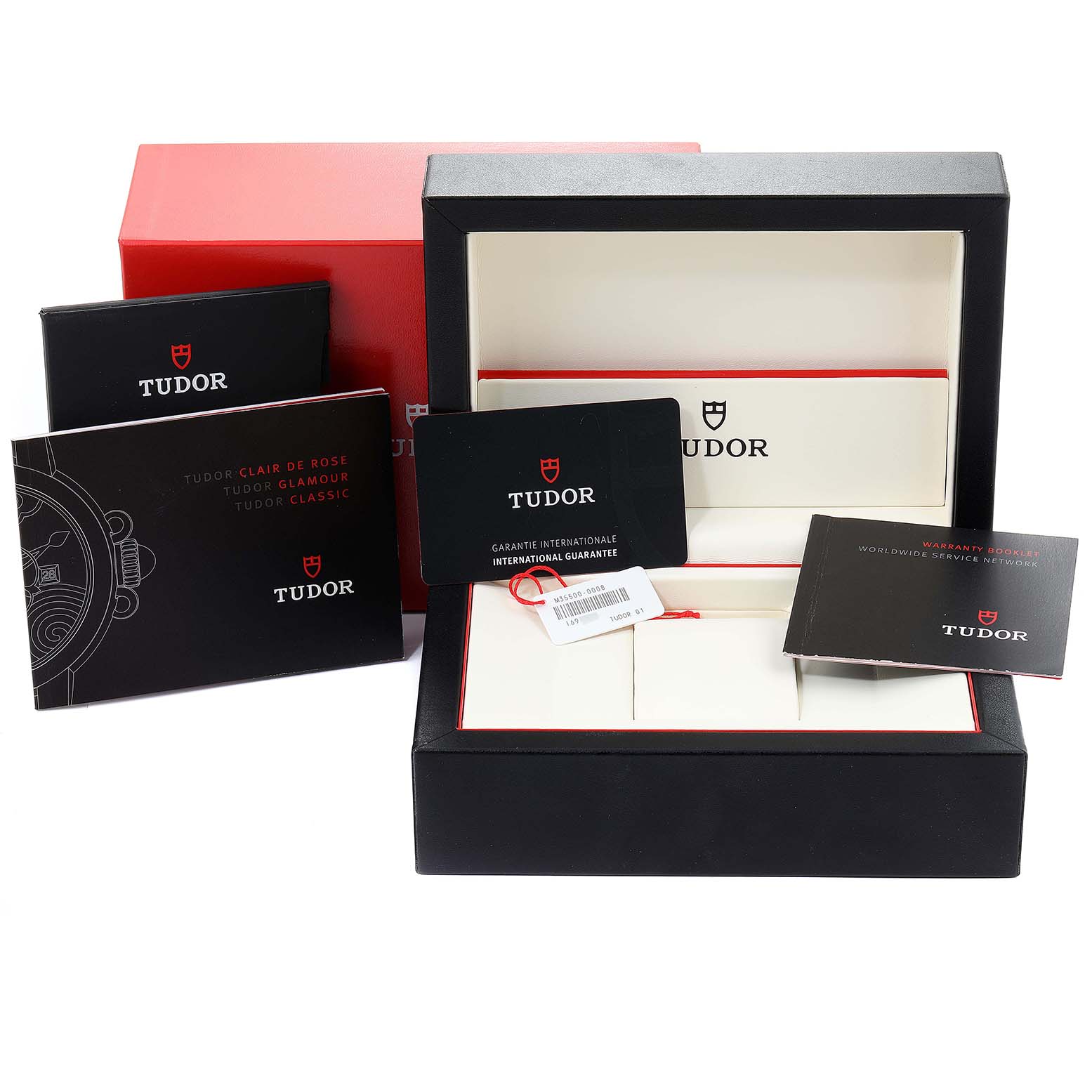 The image shows the Tudor Clair de Rose M35800-0006 Women
s Stainless Steel Silver Dial M35800-0006 Women
s Stainless Steel Silver Dial watch packaging, including the box, warranty card, brochures, and tags.