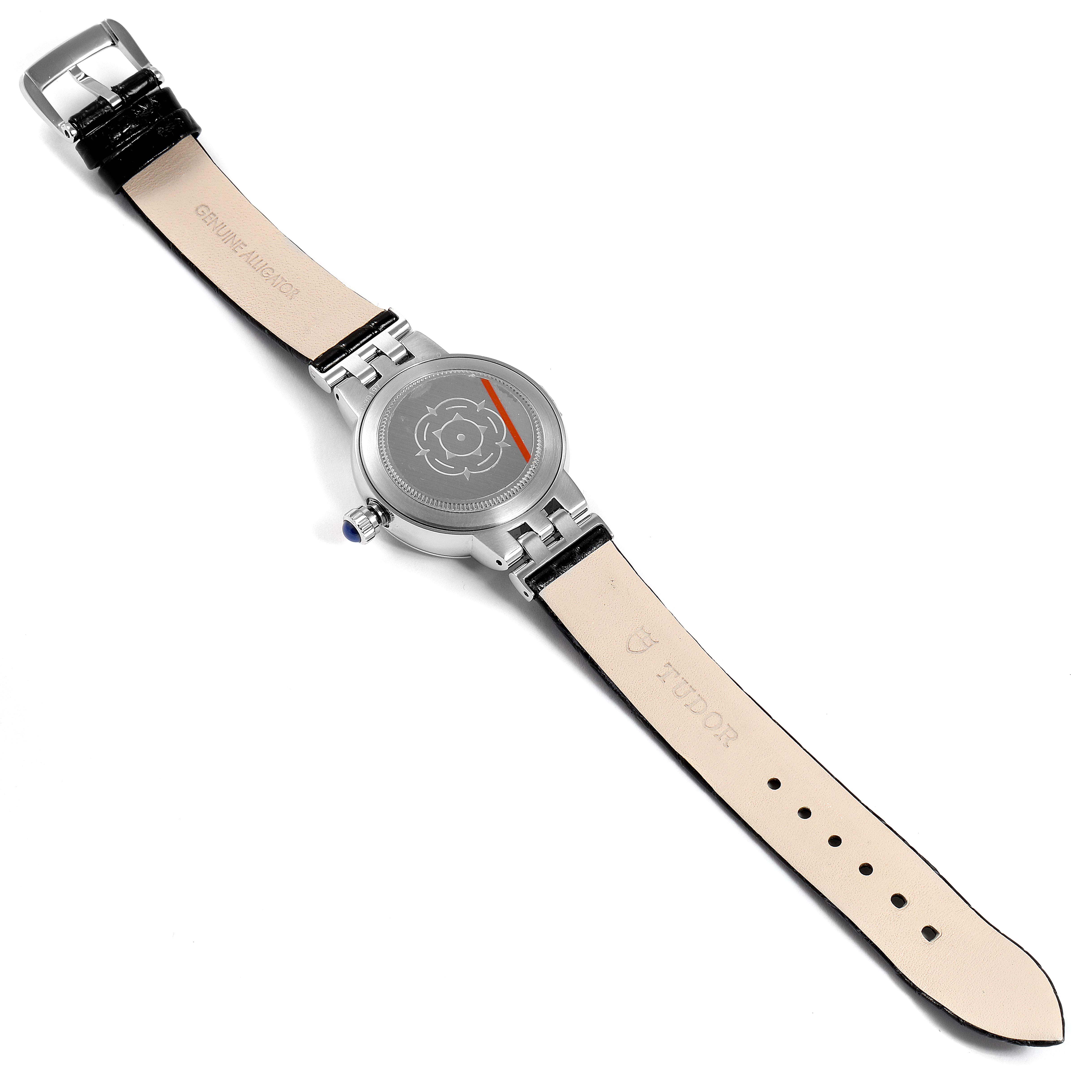 The image shows the back side of a Tudor Clair de Rose M35800-0006 Women
s Stainless Steel Silver Dial M35800-0006 Women
s Stainless Steel Silver Dial watch, including the leather strap and buckle.