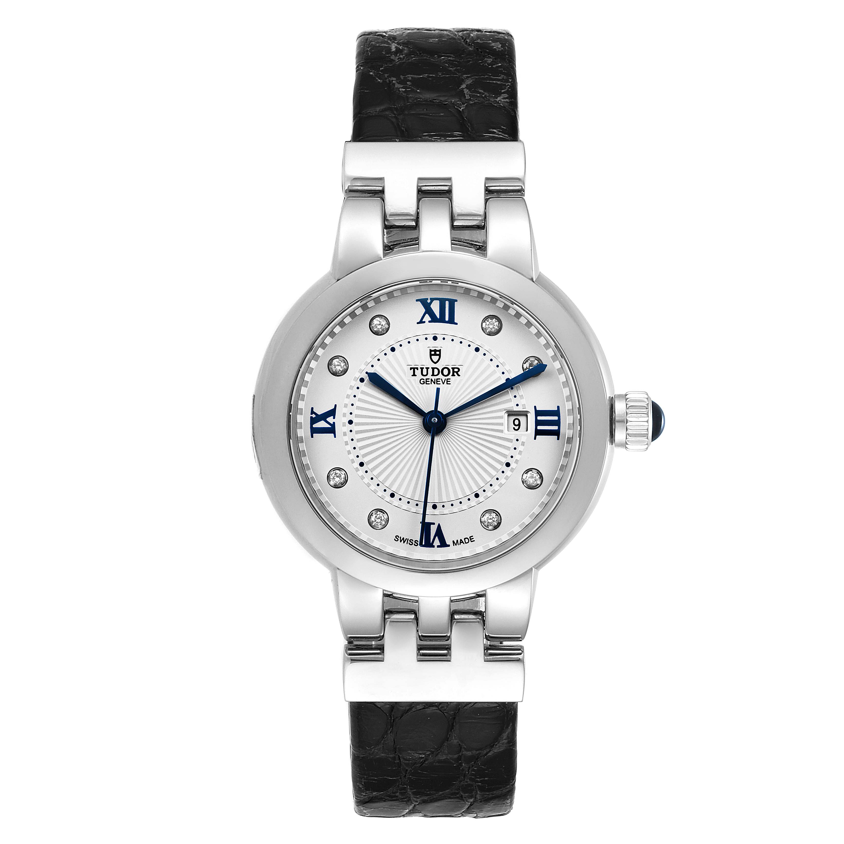 This frontal view shows the Tudor Clair de Rose M35800-0006 Women
s Stainless Steel Silver Dial M35800-0006 Women
s Stainless Steel Silver Dial watch with a round face, leather strap, blue hands, and Roman numerals.