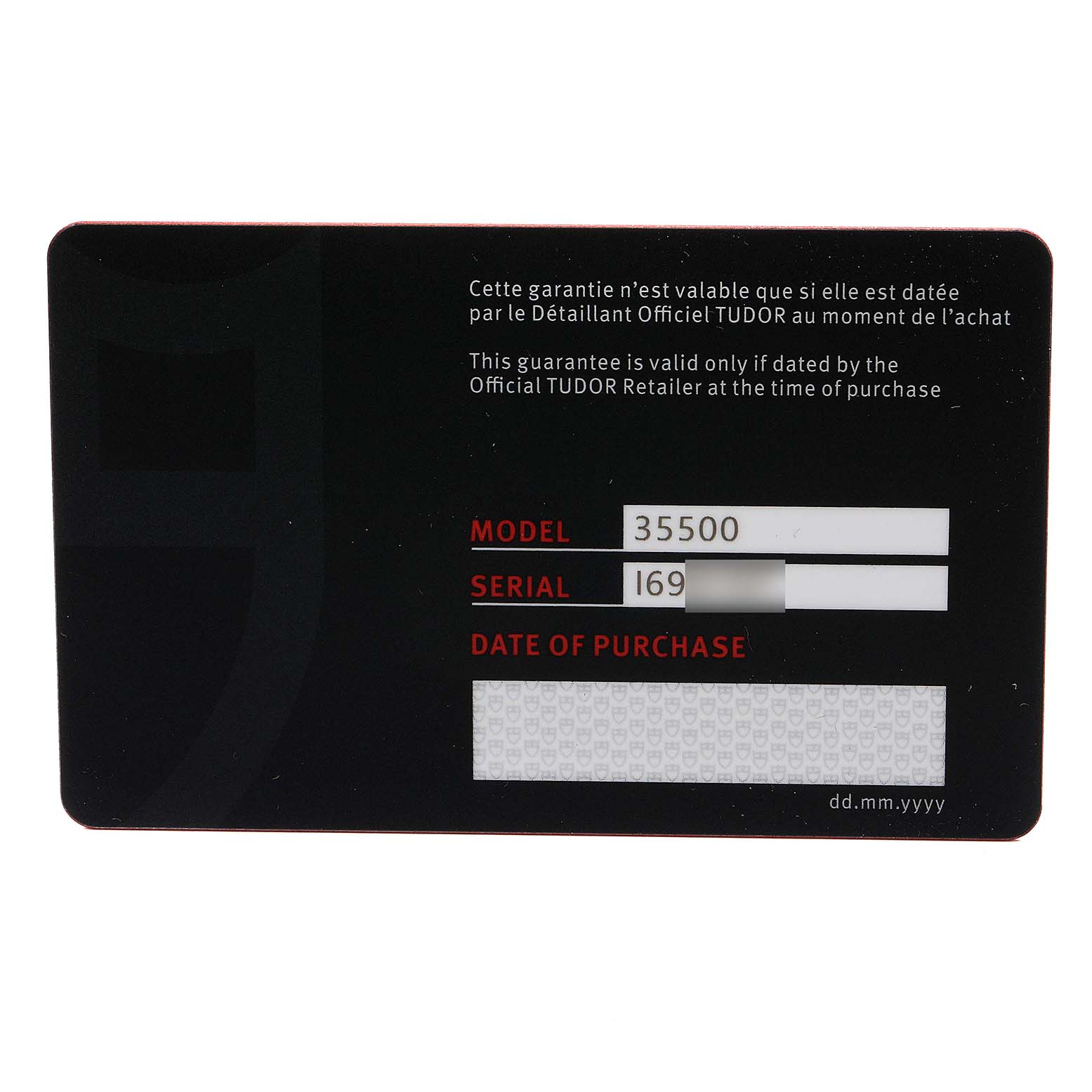 This image shows the warranty card for the Tudor Clair de Rose M35800-0006 Women
s Stainless Steel Silver Dial M35800-0006 Women
s Stainless Steel Silver Dial watch model.