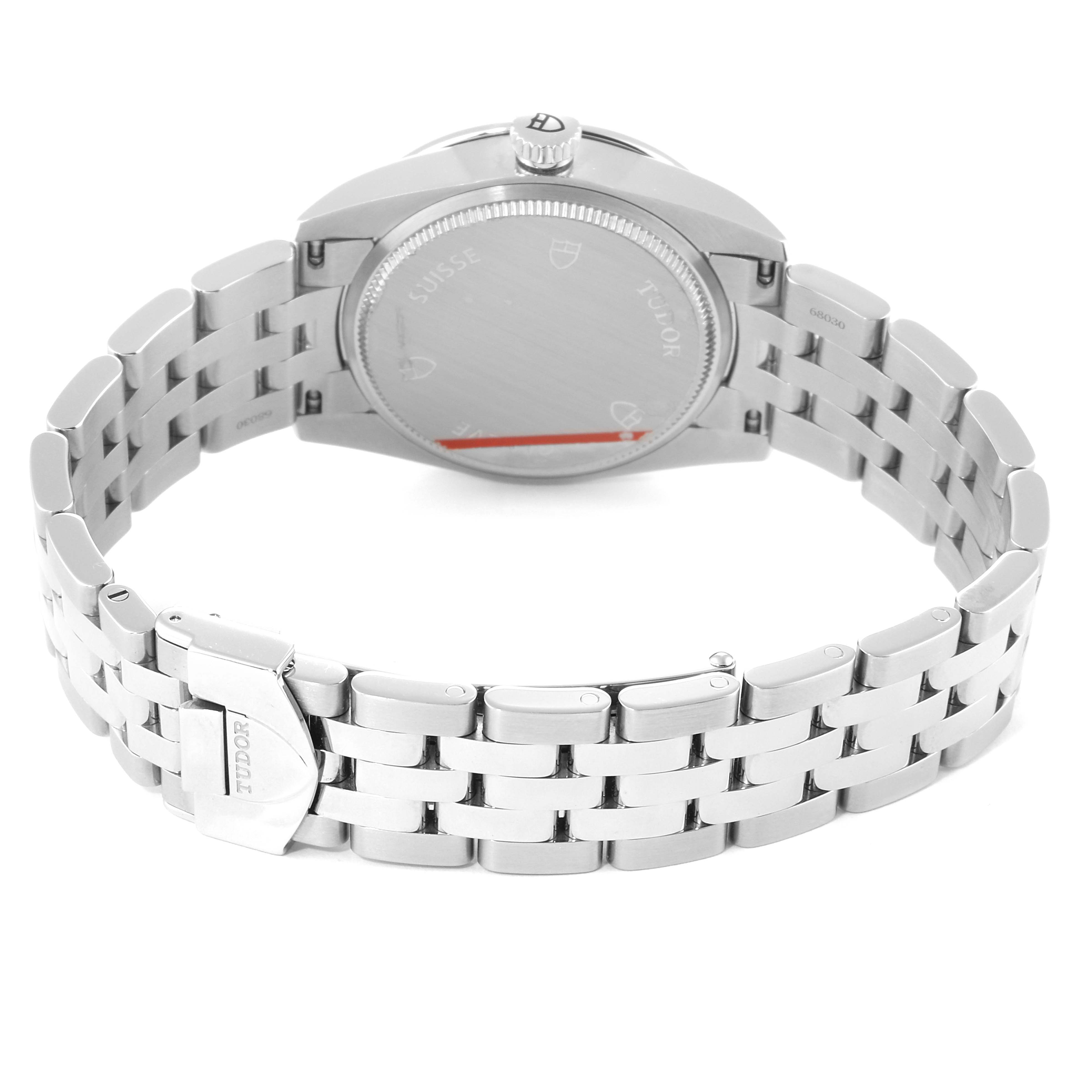 This image shows the back of the Tudor Glamour M53020-0074 Women's Stainless Steel White Dial M53020-0074 Women's Stainless Steel White Dial watch, highlighting its clasp and bracelet.