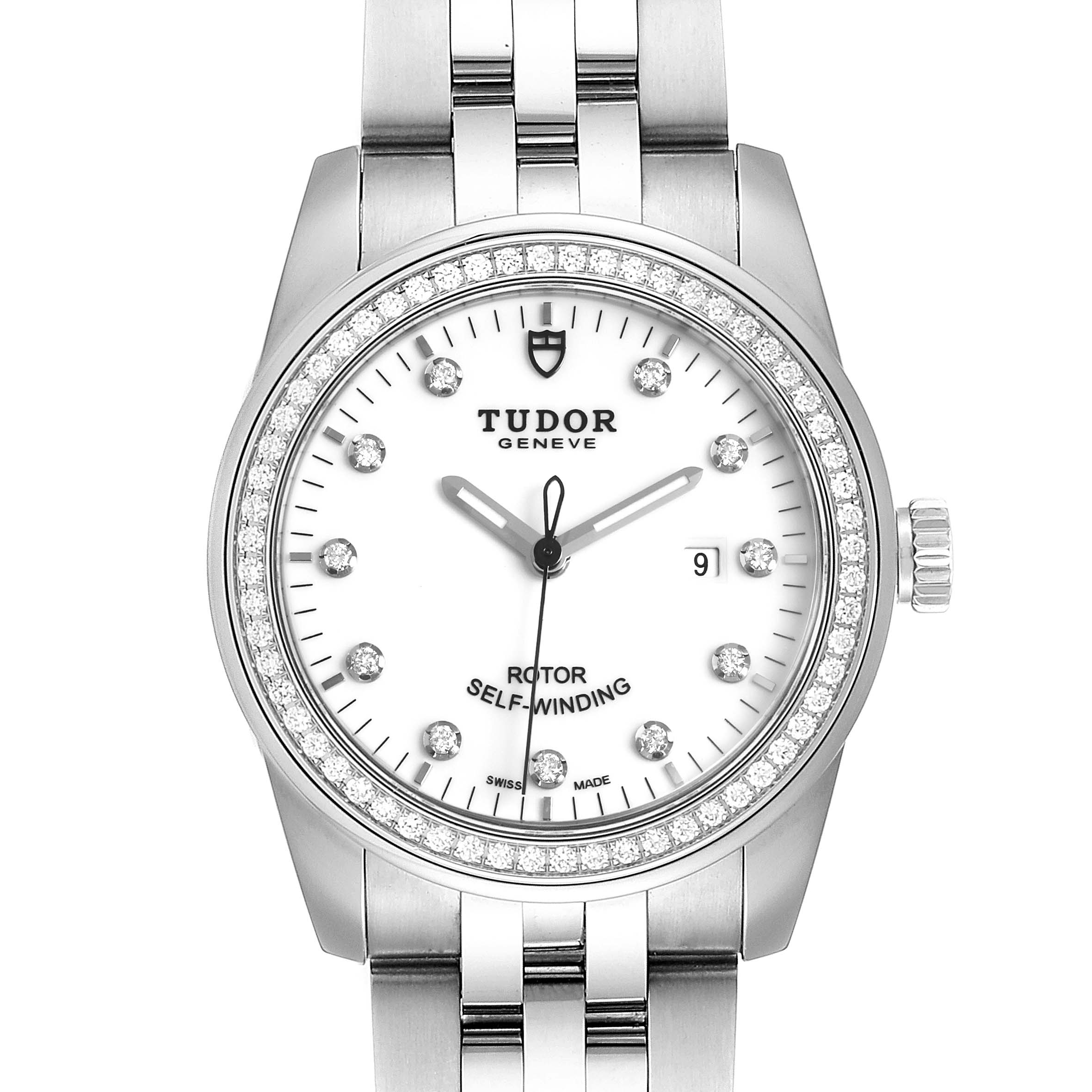 The image shows the front view of a Tudor Glamour M53020-0074 Women's Stainless Steel White Dial M53020-0074 Women's Stainless Steel White Dial model watch, highlighting its dial, bezel, and bracelet.