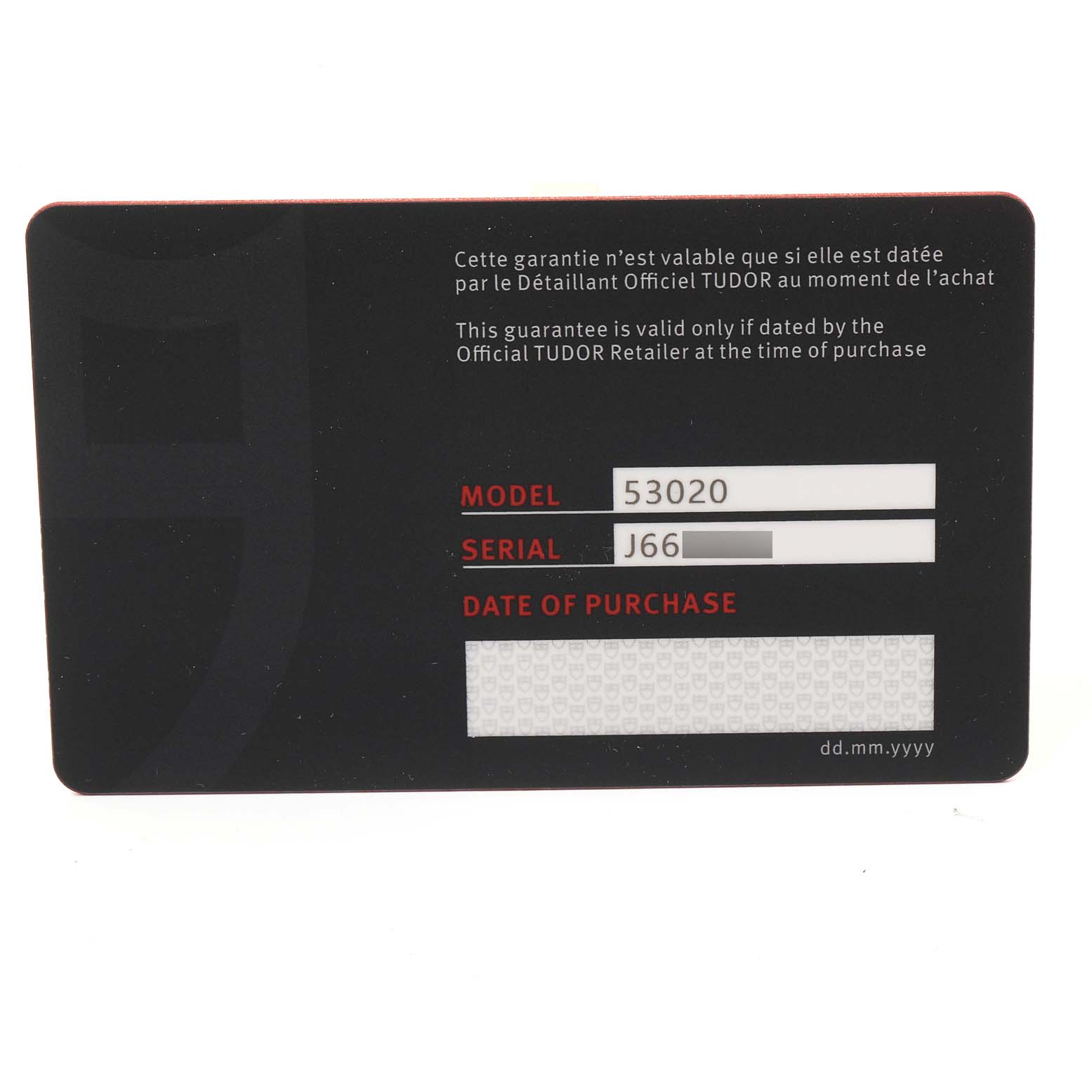 This image shows the warranty card for the Glamour model by Tudor, displaying the model and serial number.