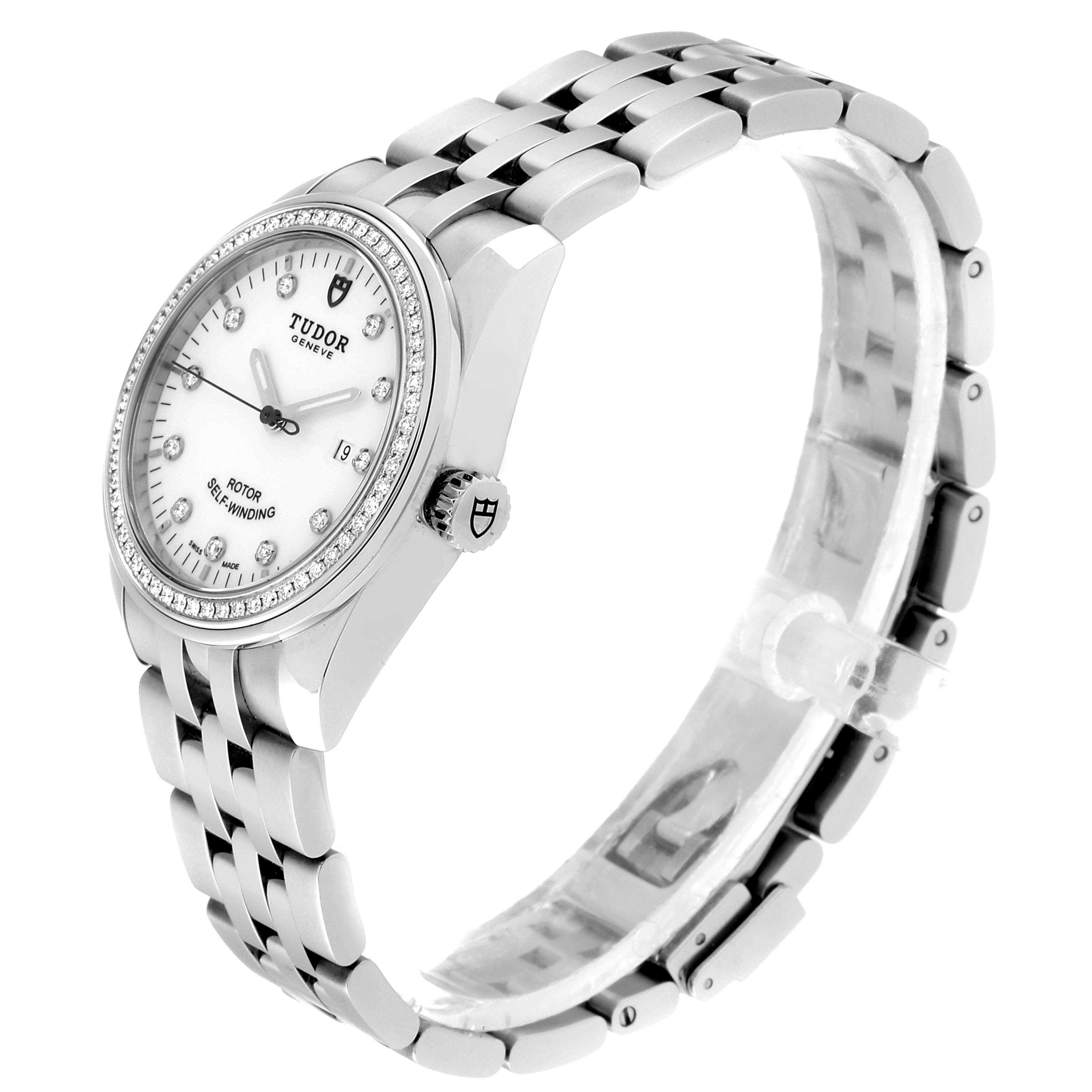 The image shows a side profile view of the Tudor Glamour M53020-0074 Women's Stainless Steel White Dial M53020-0074 Women's Stainless Steel White Dial watch, including its bracelet and watch dial.