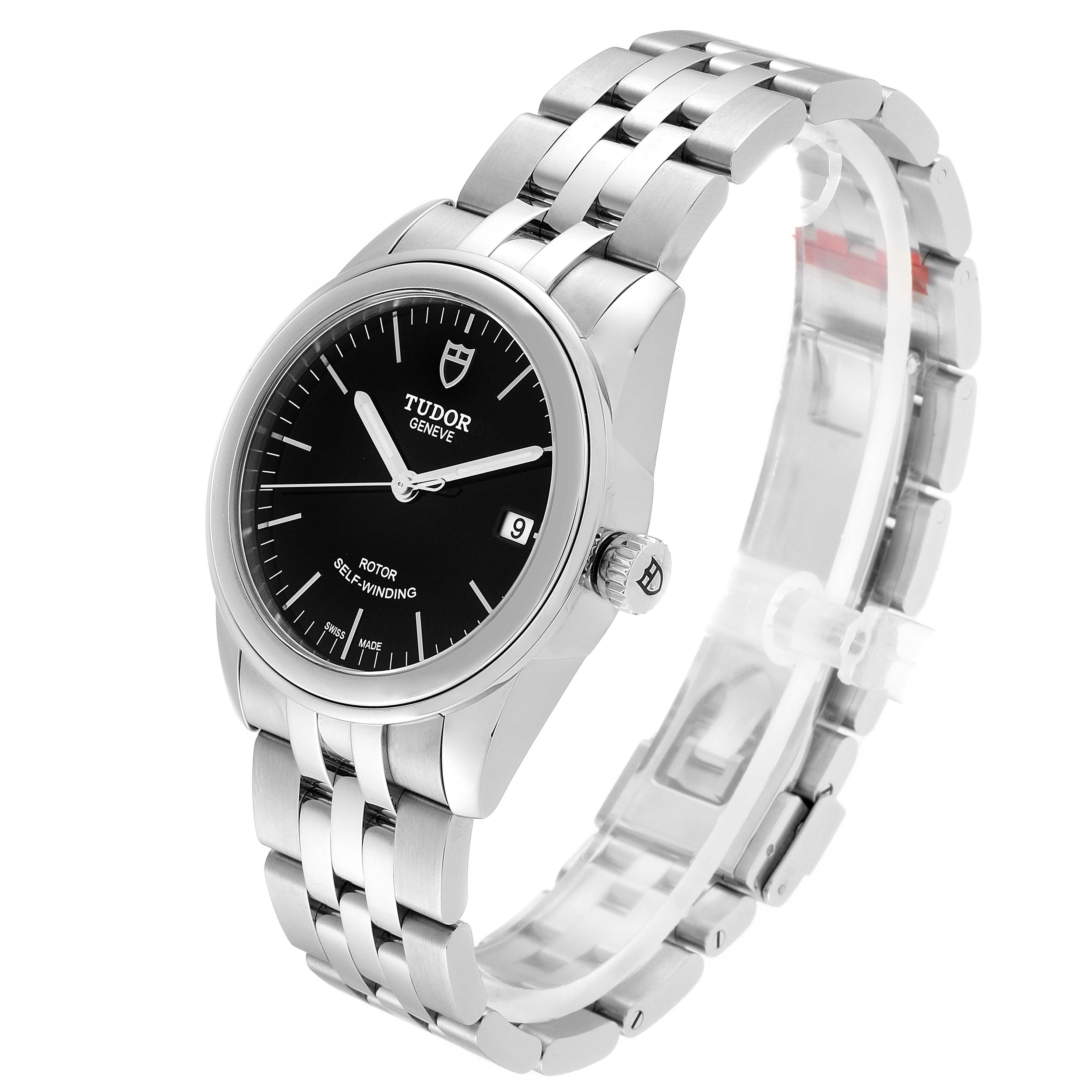 The Tudor Glamour M55000-0007 Men's Stainless Steel Black Dial M55000-0007 Men's Stainless Steel Black Dial watch is shown at a front angle, displaying its black dial, stainless steel bracelet, and date window.