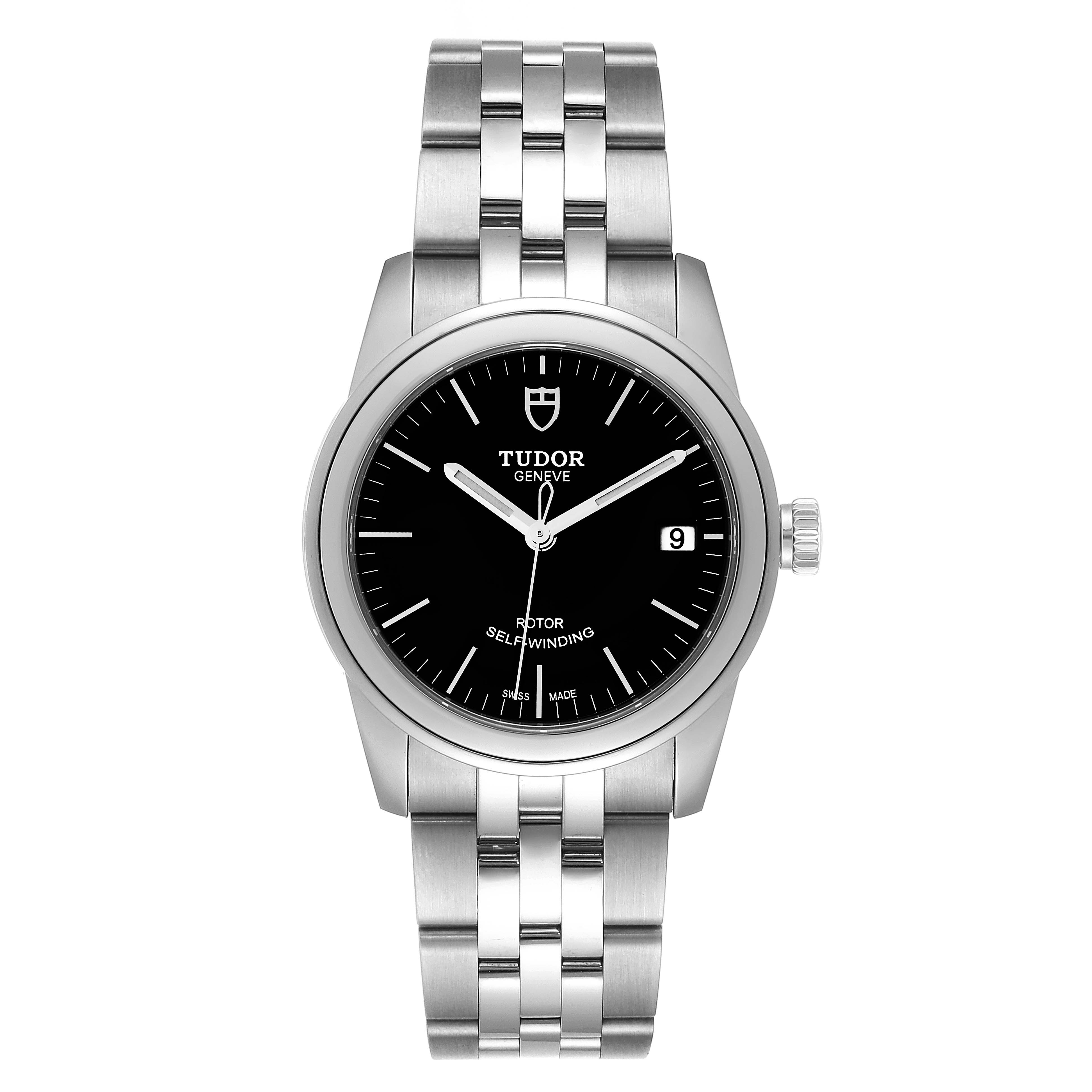 The image shows a front view of the Tudor Glamour M55000-0007 Men's Stainless Steel Black Dial M55000-0007 Men's Stainless Steel Black Dial model watch, displaying its face, bracelet, and crown.