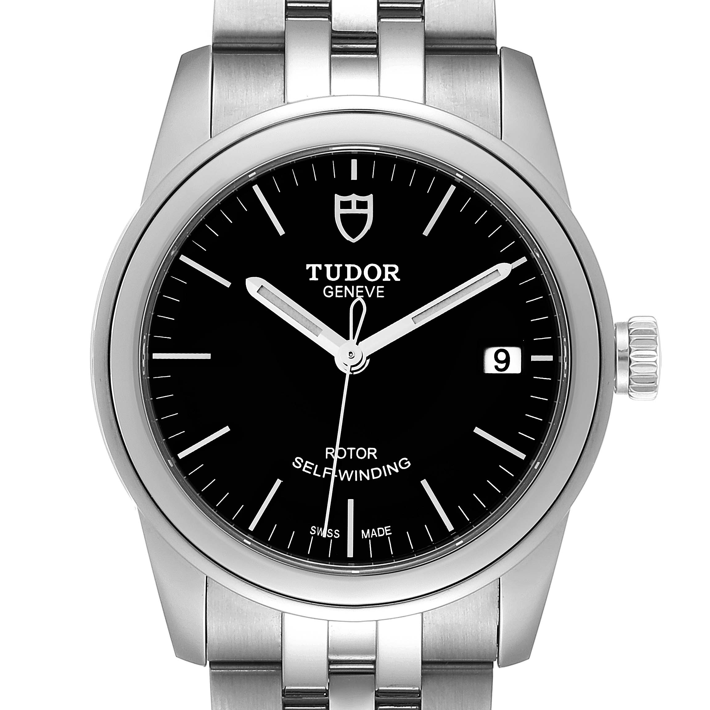 The image shows a frontal view of the Tudor Glamour M55000-0007 Men's Stainless Steel Black Dial M55000-0007 Men's Stainless Steel Black Dial watch, highlighting the dial, hands, crown, and part of the bracelet.