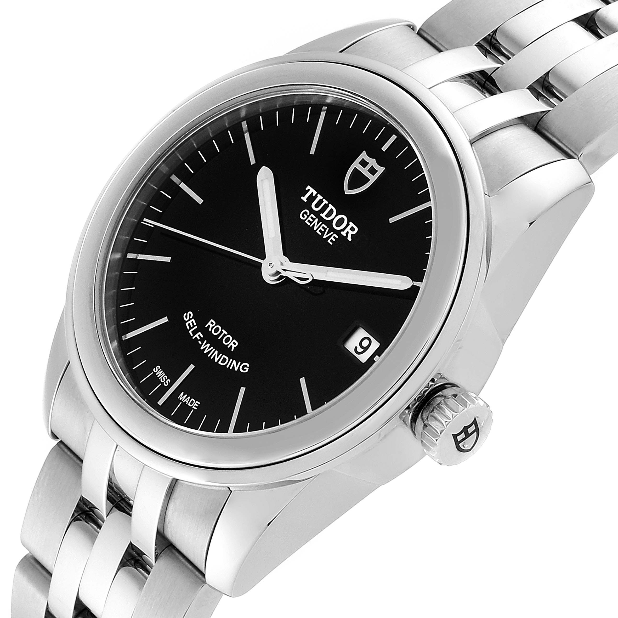 The Tudor Glamour M55000-0007 Men's Stainless Steel Black Dial M55000-0007 Men's Stainless Steel Black Dial watch is shown from an angled view, highlighting the face, date window, crown, and part of the bracelet.