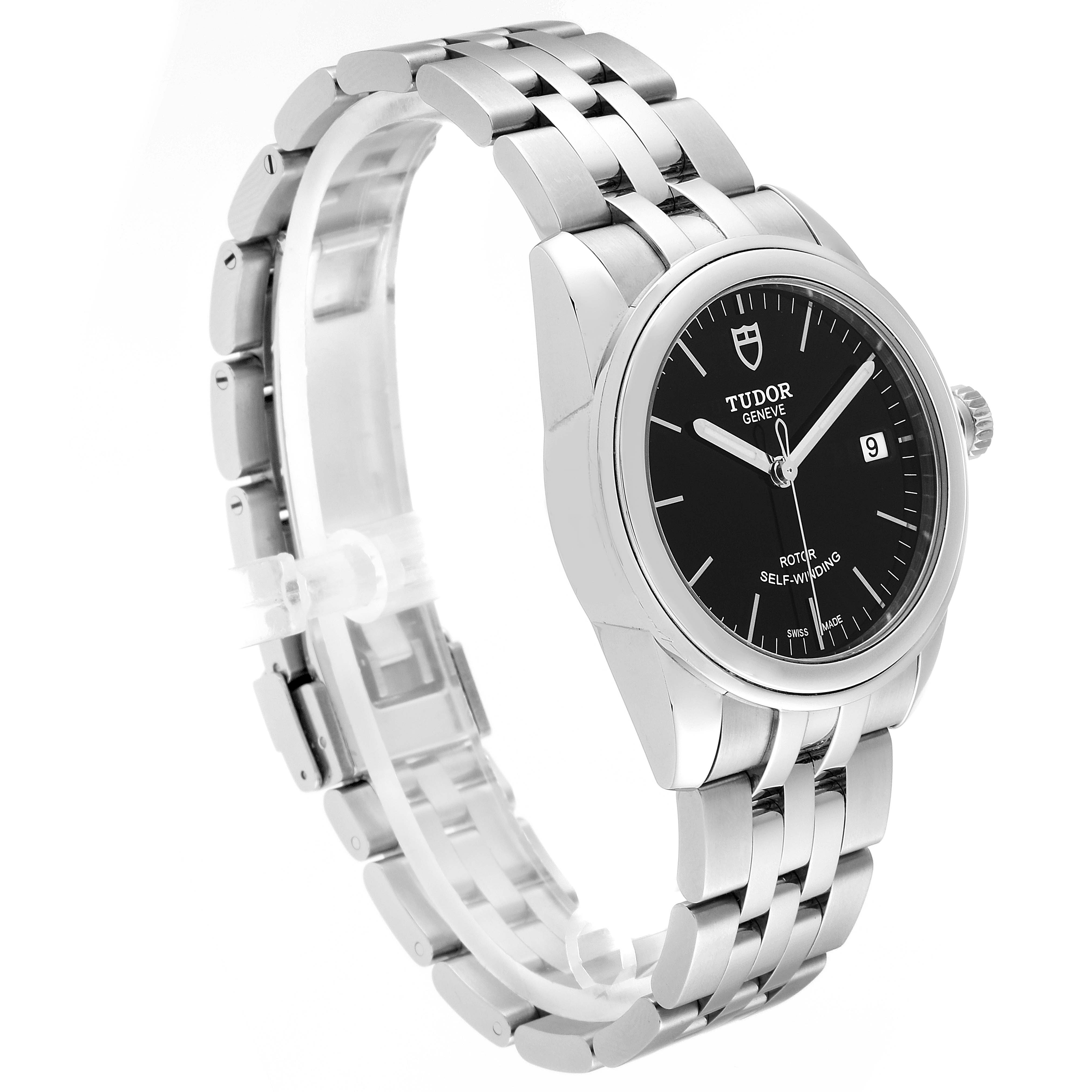 This image shows a Tudor Glamour M55000-0007 Men's Stainless Steel Black Dial M55000-0007 Men's Stainless Steel Black Dial model watch at a slight angle, displaying its face, bezel, crown, and bracelet.