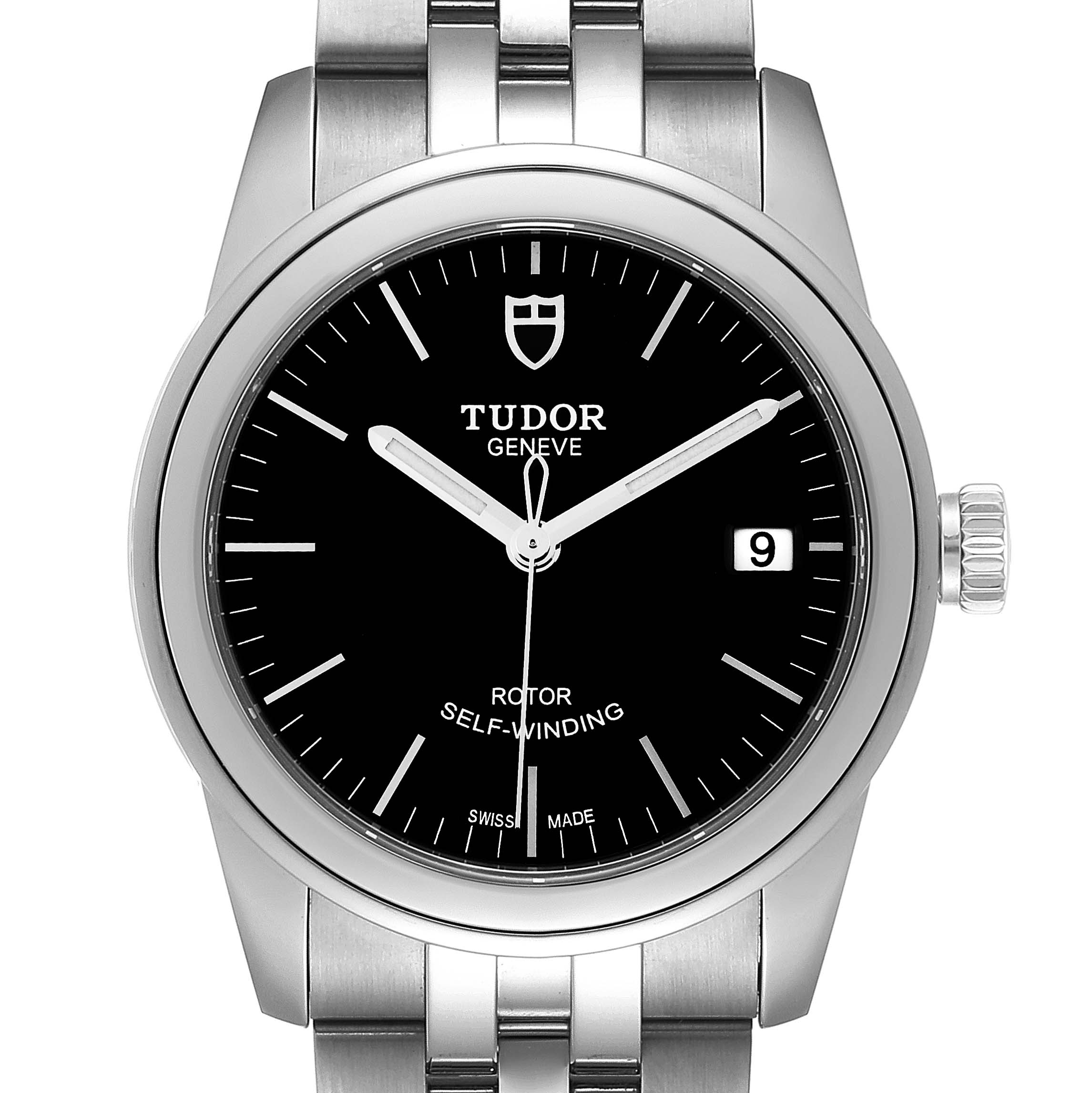 The image shows a front view of the Tudor Glamour M55000-0007 Men's Stainless Steel Black Dial M55000-0007 Men's Stainless Steel Black Dial model watch, highlighting its black dial, date window, and stainless steel bracelet.