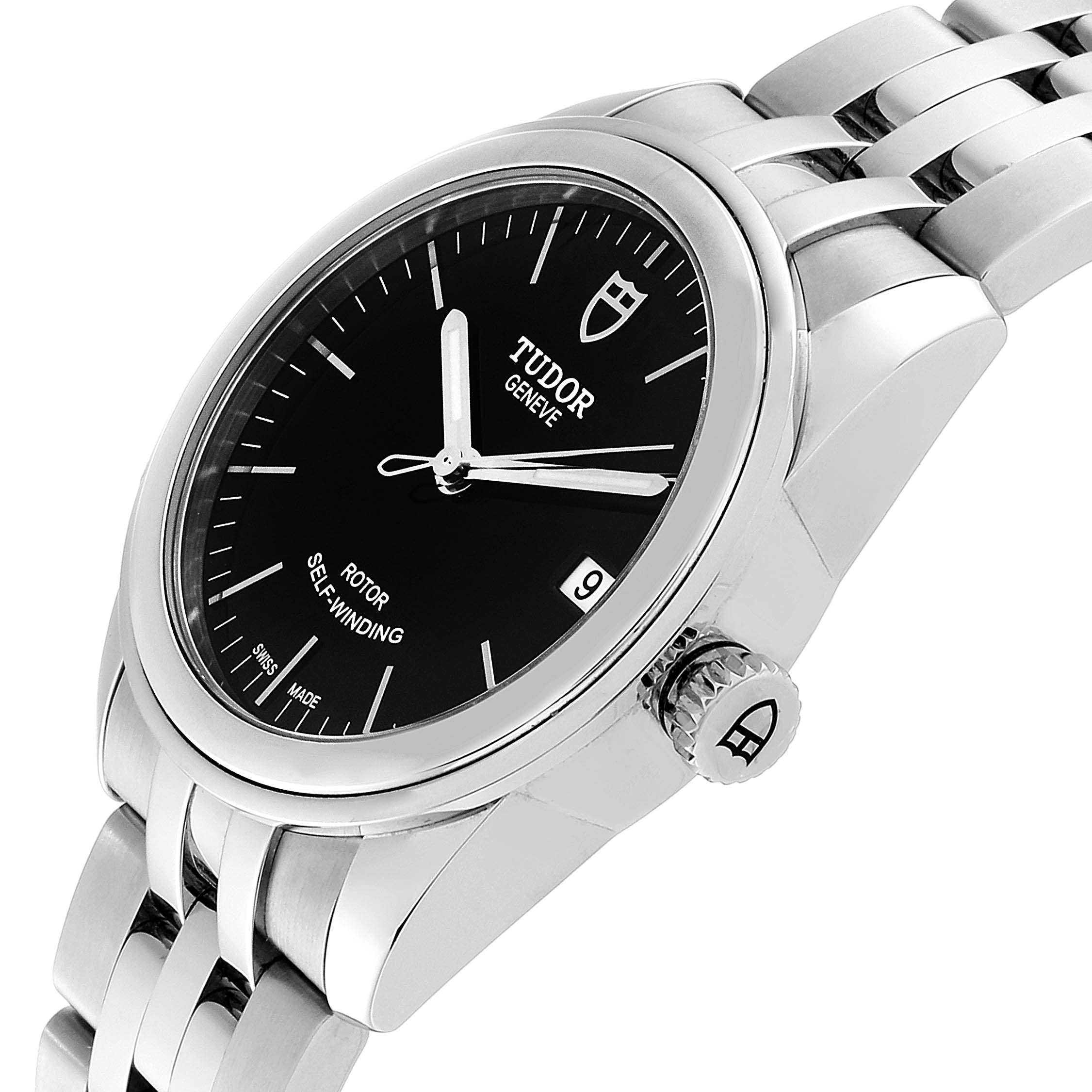 The image shows a close-up of the Tudor Glamour M55000-0007 Men's Stainless Steel Black Dial M55000-0007 Men's Stainless Steel Black Dial model watch, focusing on the dial, crown, and part of the bracelet from a slight side angle.