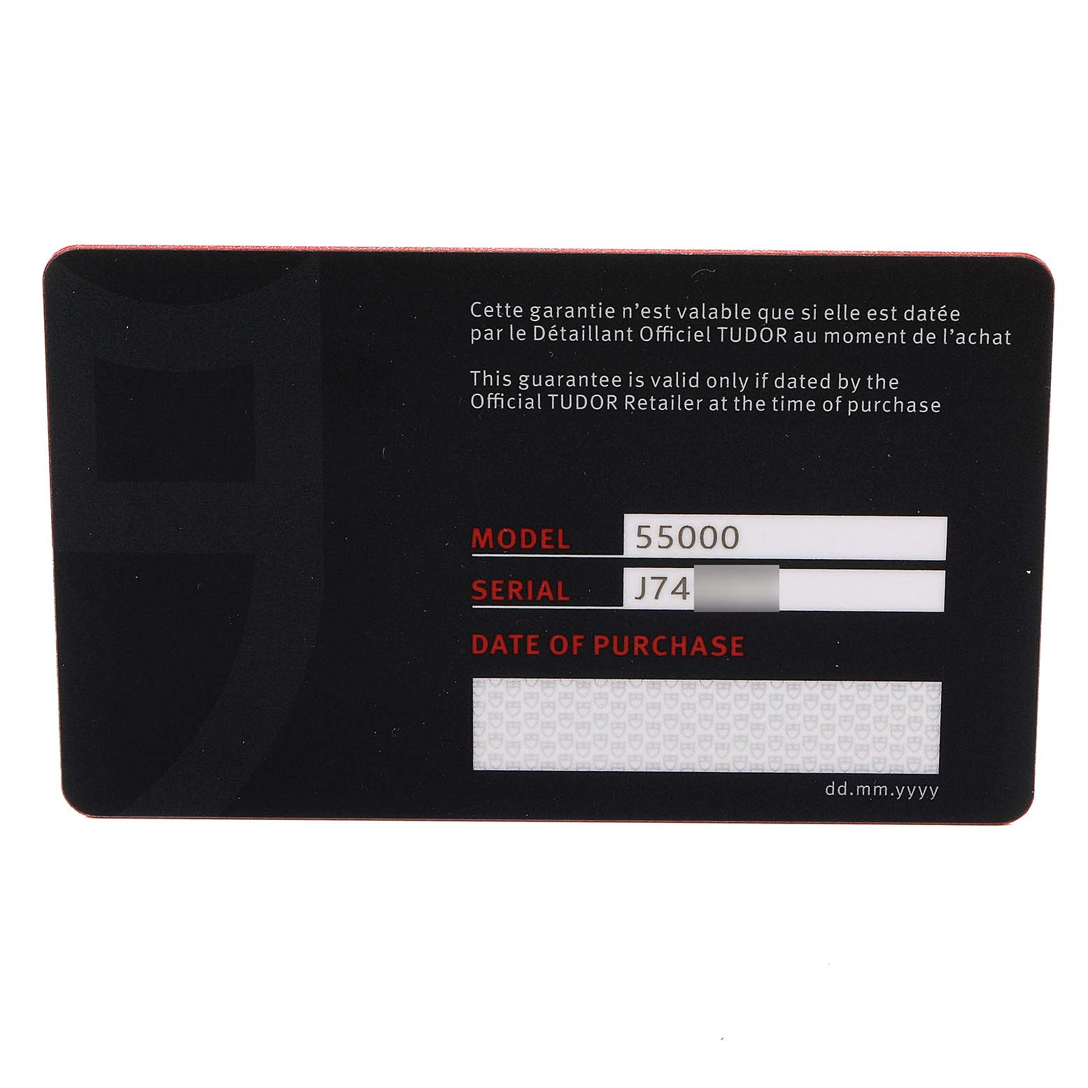 This image shows a warranty card for the Tudor Glamour M55000-0007 Men's Stainless Steel Black Dial M55000-0007 Men's Stainless Steel Black Dial model 55000 watch.