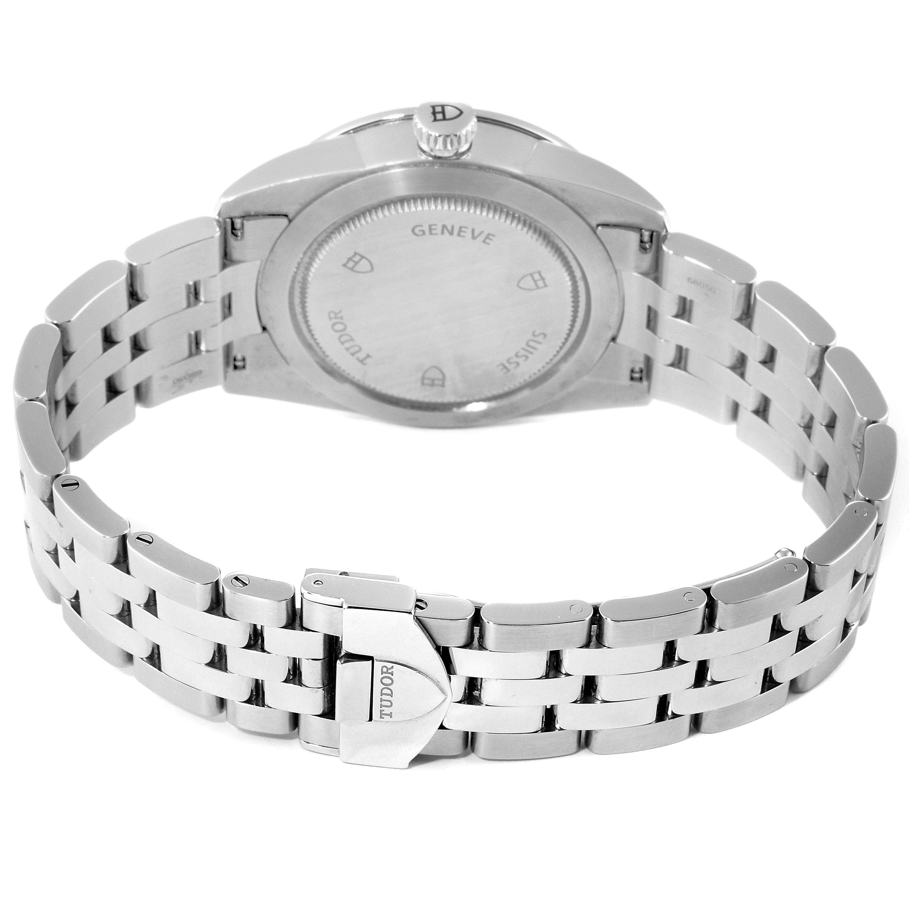 This image shows the back and clasp of a Tudor Glamour M55000-0007 Men's Stainless Steel Black Dial M55000-0007 Men's Stainless Steel Black Dial model watch from a rear angle.