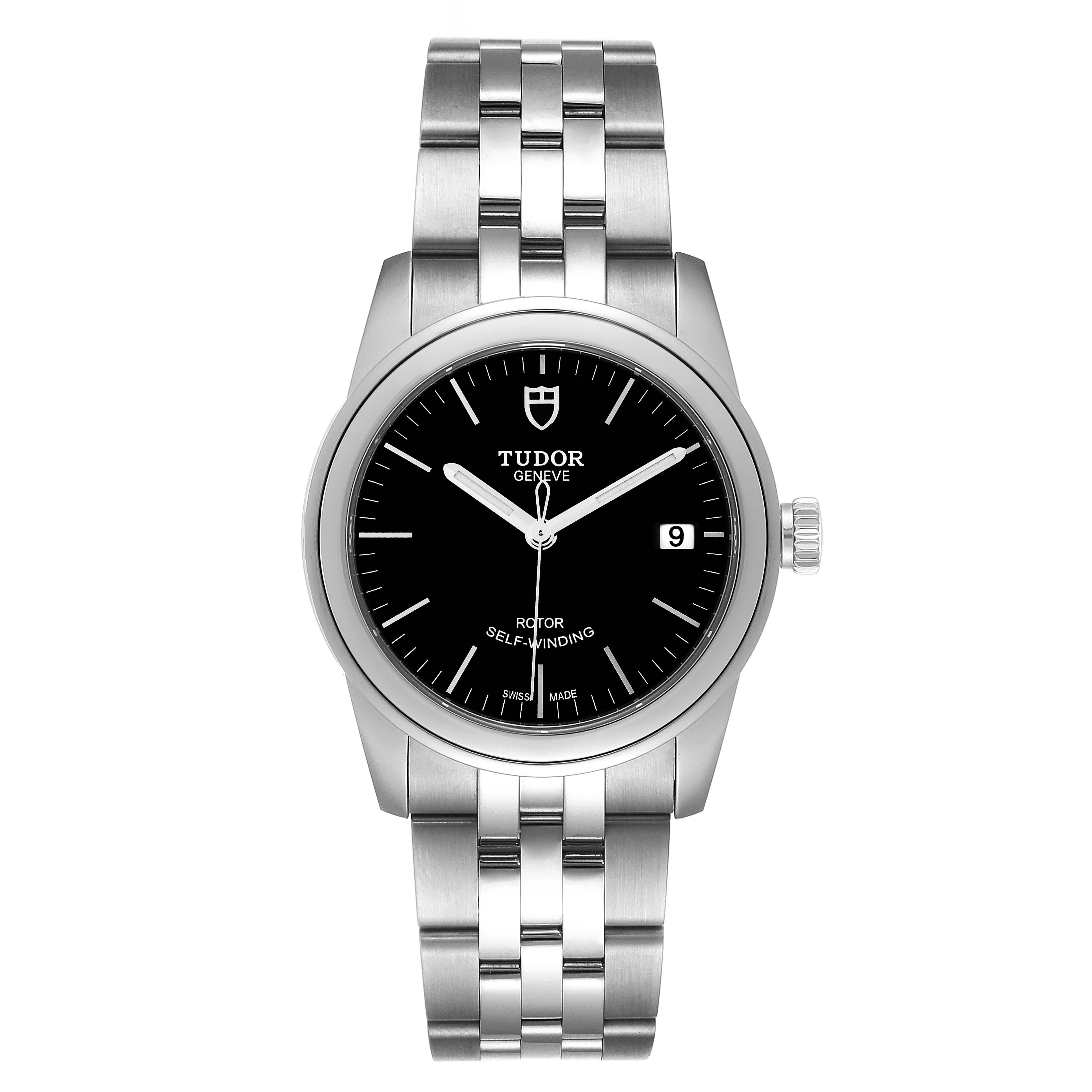 This image shows a front view of the Tudor Glamour M55000-0007 Men's Stainless Steel Black Dial M55000-0007 Men's Stainless Steel Black Dial watch, highlighting the black dial, metal bracelet, and date display.