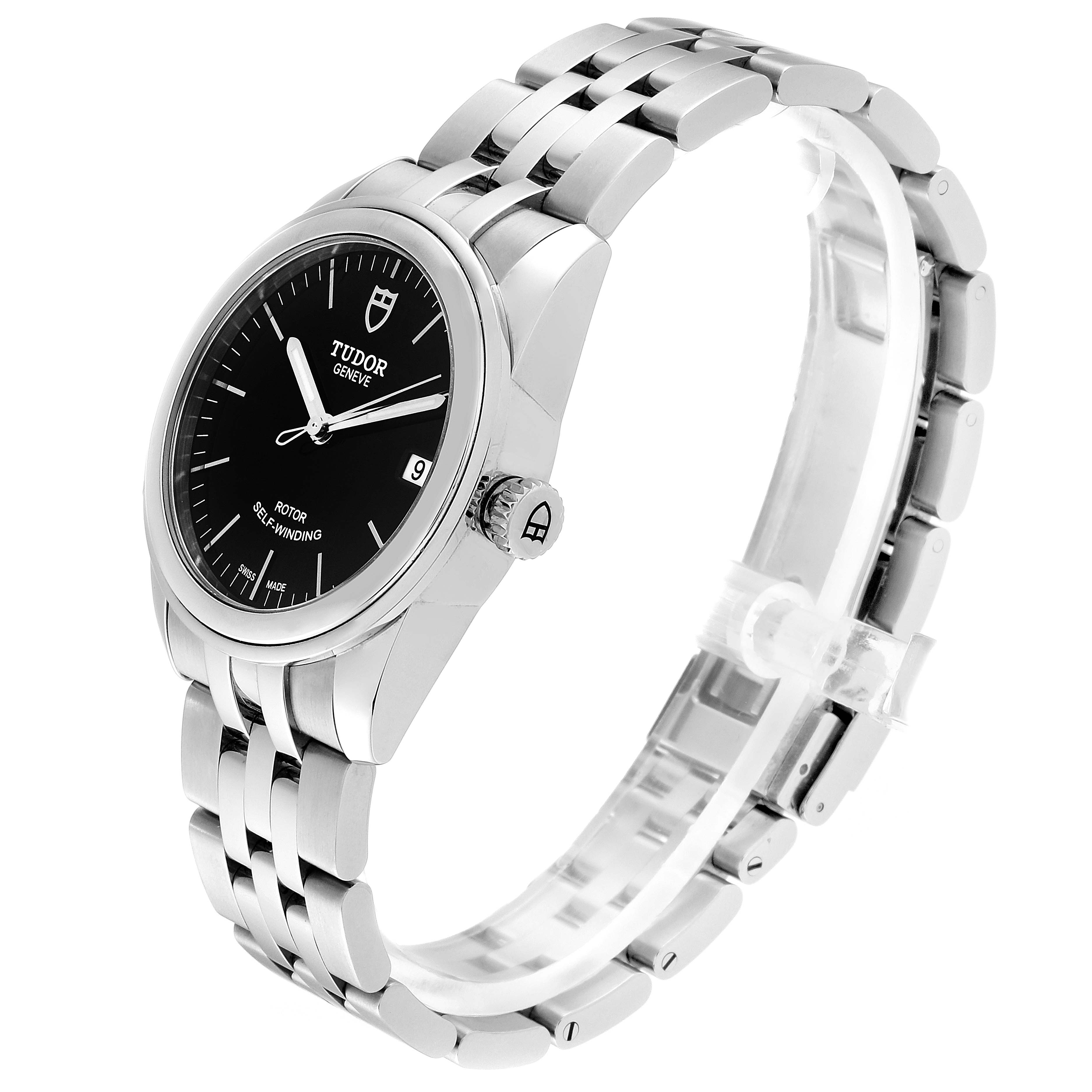 This image shows a Tudor Glamour M55000-0007 Men's Stainless Steel Black Dial M55000-0007 Men's Stainless Steel Black Dial watch at an angled side view, highlighting the dial, crown, and metal bracelet.