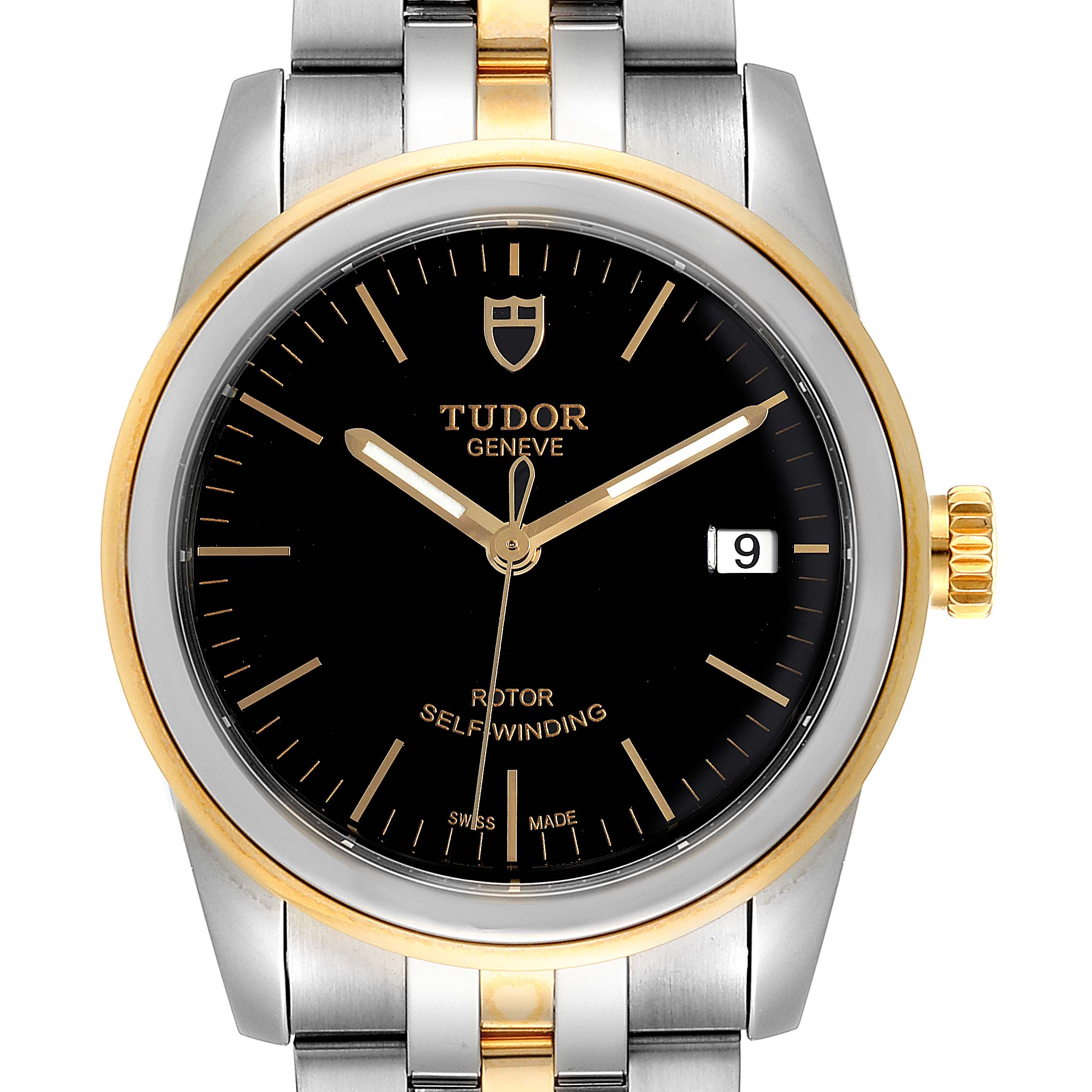 This image shows a frontal view of the Tudor Glamour 55003-0007 Men's Steel and Gold (two tone) Black Dial 55003-0007 Men's Steel and Gold (two tone) Black Dial watch, highlighting the dial, case, crown, and part of the bracelet.