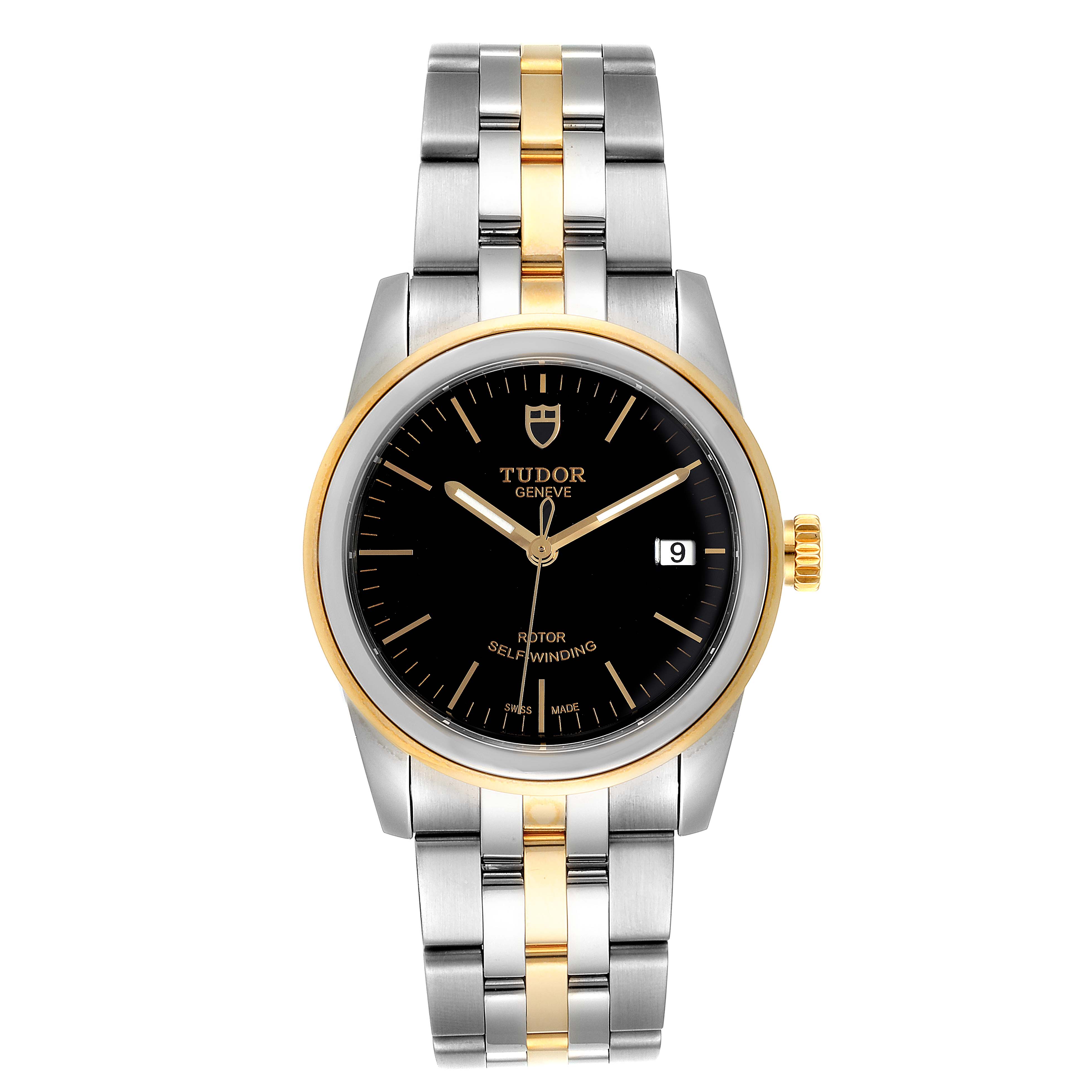 This image shows a Tudor Glamour 55003-0007 Men's Steel and Gold (two tone) Black Dial 55003-0007 Men's Steel and Gold (two tone) Black Dial model watch from a top-down angle, highlighting its two-tone bracelet, black dial, and date display.