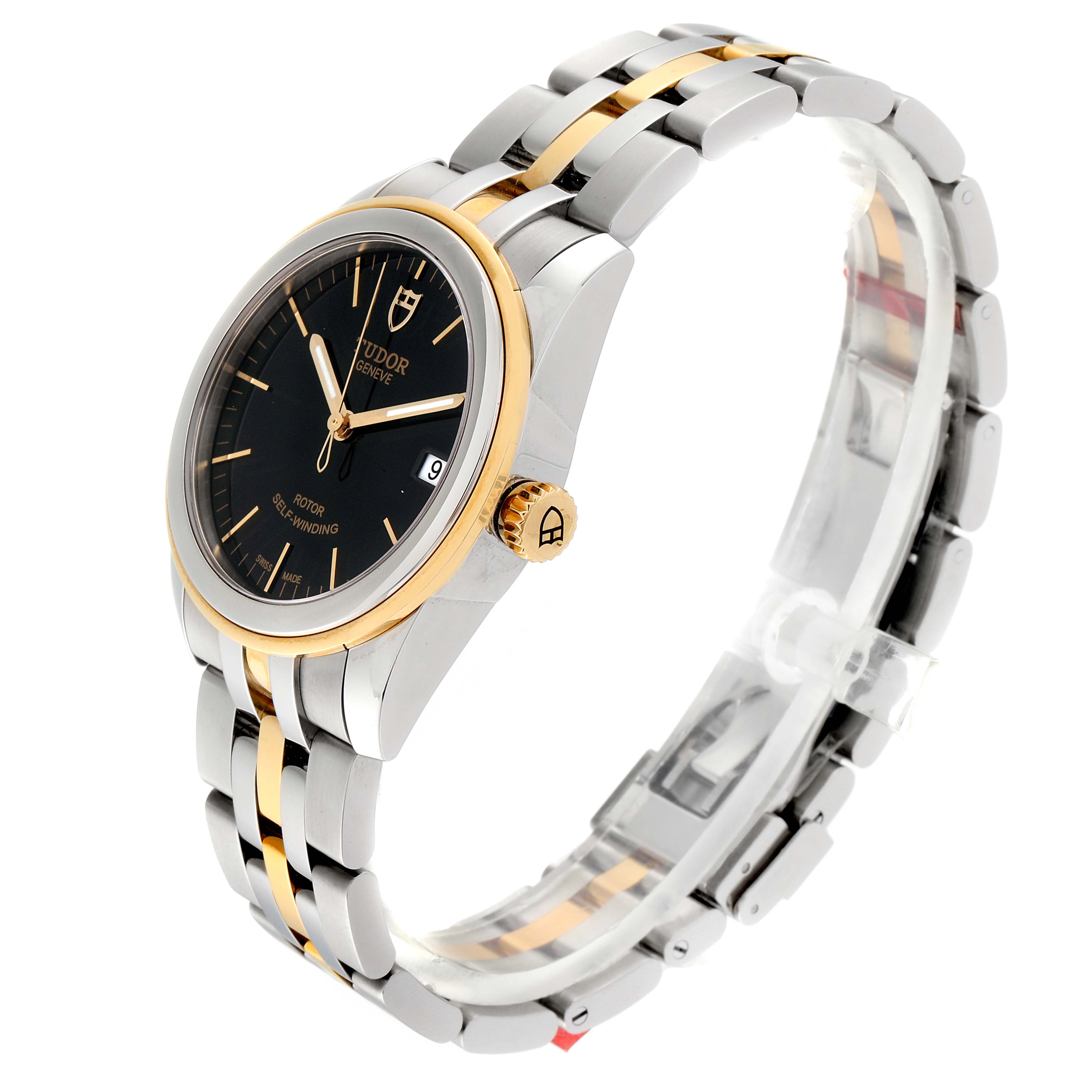 This image shows the Tudor Glamour 55003-0007 Men's Steel and Gold (two tone) Black Dial 55003-0007 Men's Steel and Gold (two tone) Black Dial model watch from a side angle, highlighting the face, bezel, crown, and bracelet.